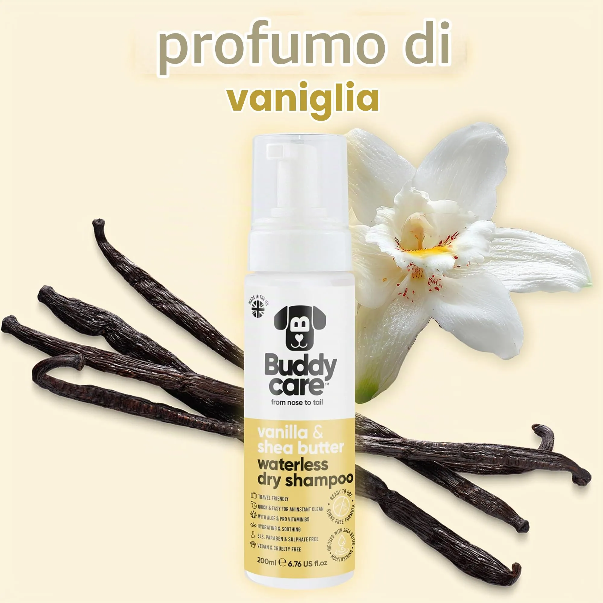 Buddycare Shampoo secco per cani alla vaniglia e burro di karité per pelli sensibili, 200 ml - immagine 4