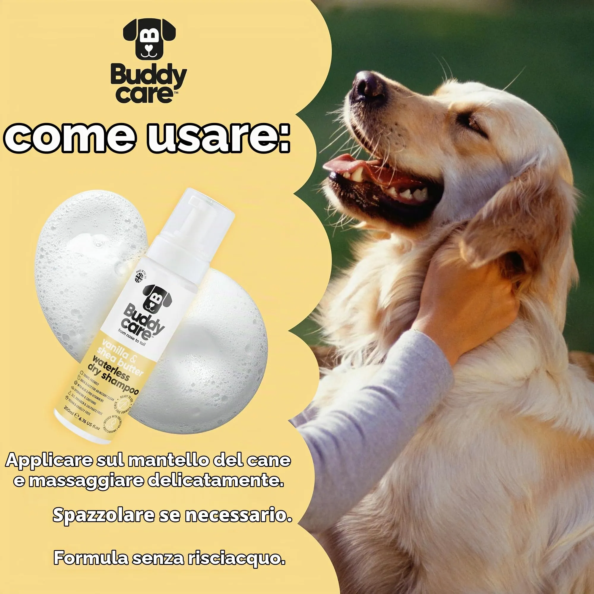 Buddycare Shampoo secco per cani alla vaniglia e burro di karité per pelli sensibili, 200 ml - immagine 5