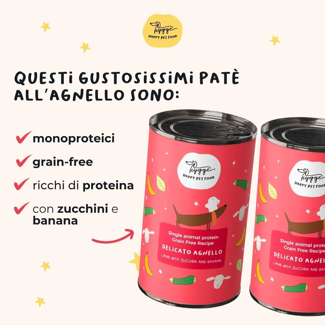 Hygge Dog Cibo Umido per Cani Monoproteico all'Agnello, Paté con Zucchine e Banana, Grain Free, 12 x 400g - immagine 2