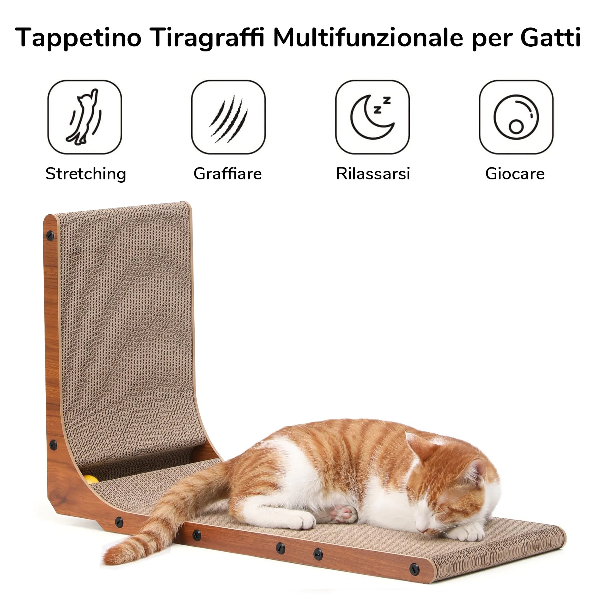 FUKUMARU Tiragraffi per Gatti in Cartone a Forma di L, 68 cm, Colore Noce, con Palla Giocattolo - immagine 2