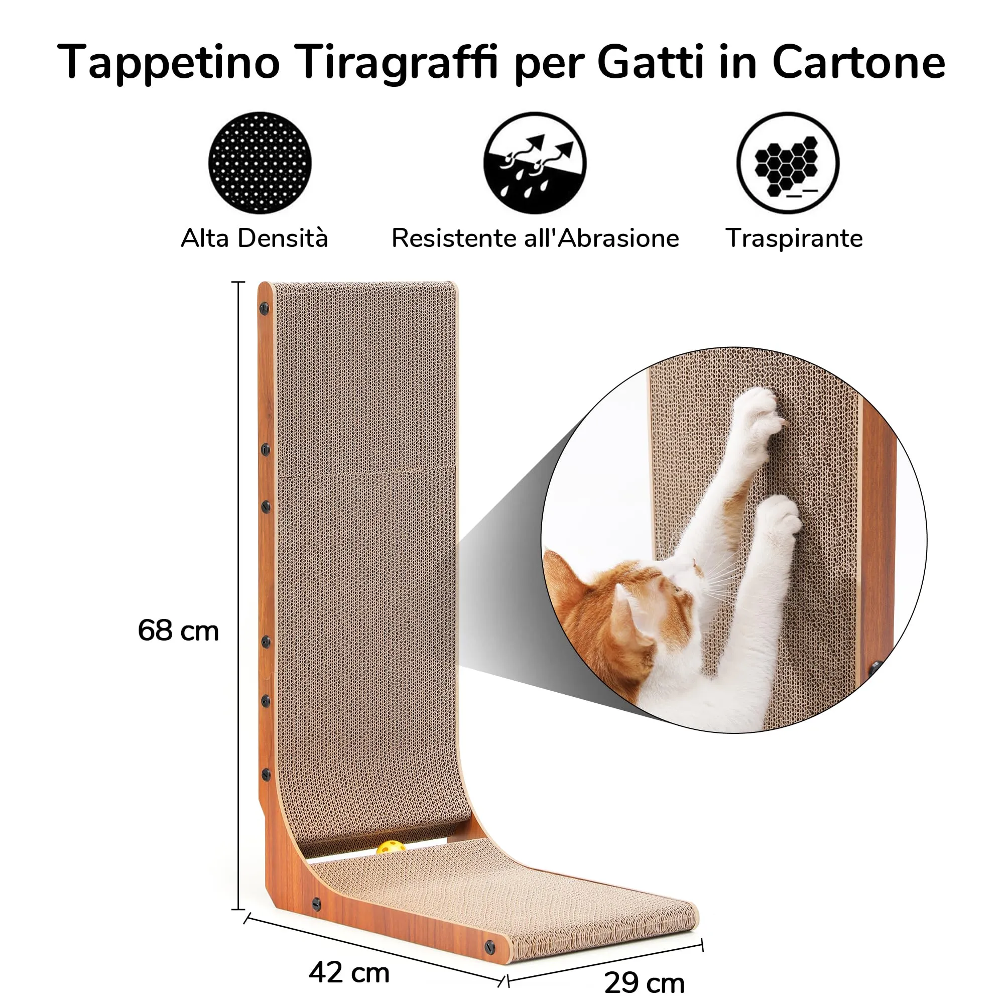 FUKUMARU Tiragraffi per Gatti in Cartone a Forma di L, 68 cm, Colore Noce, con Palla Giocattolo - immagine 3