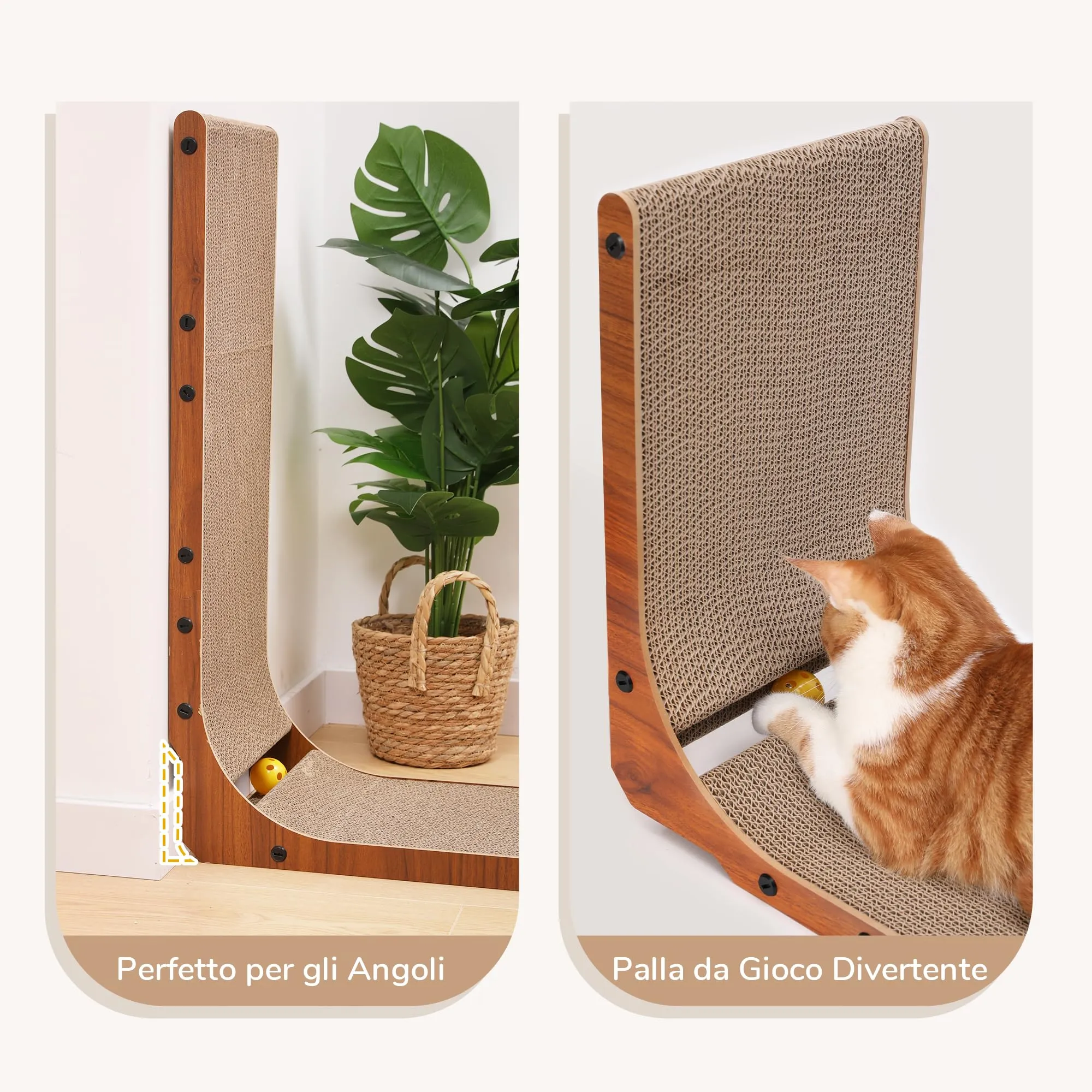 FUKUMARU Tiragraffi per Gatti in Cartone a Forma di L, 68 cm, Colore Noce, con Palla Giocattolo - immagine 4