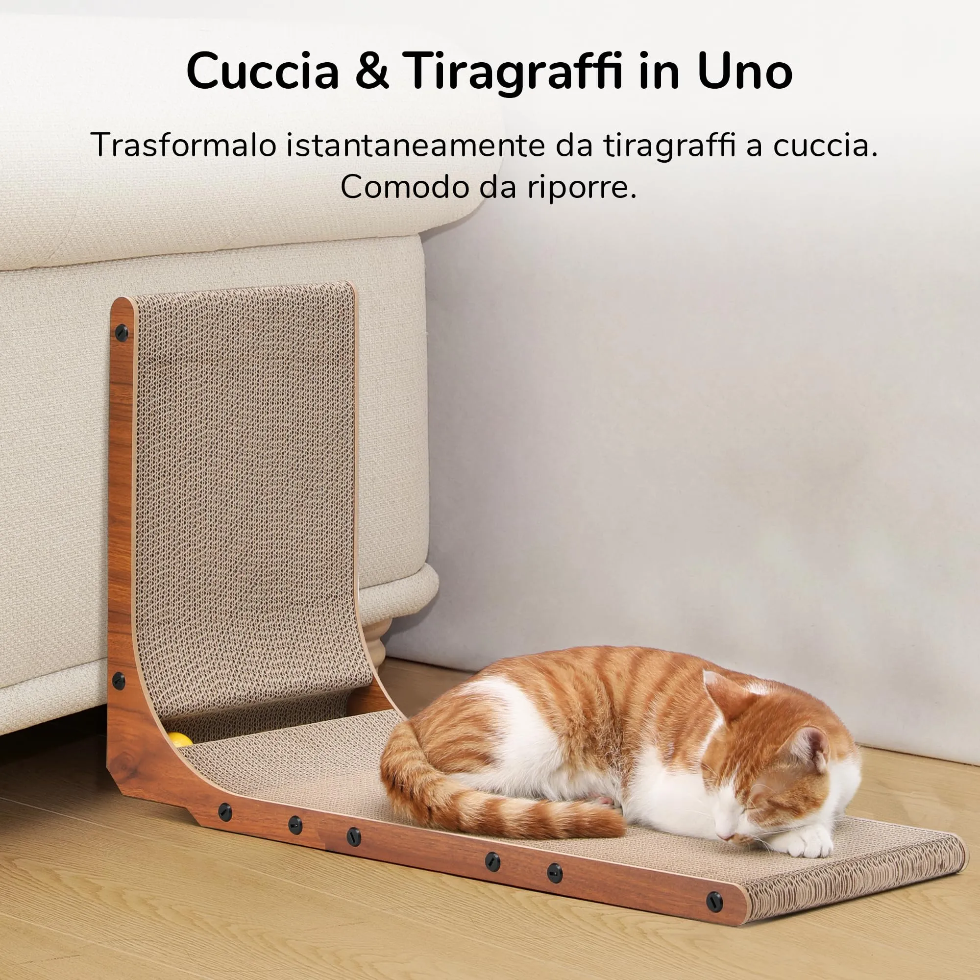FUKUMARU Tiragraffi per Gatti in Cartone a Forma di L, 68 cm, Colore Noce, con Palla Giocattolo - immagine 7