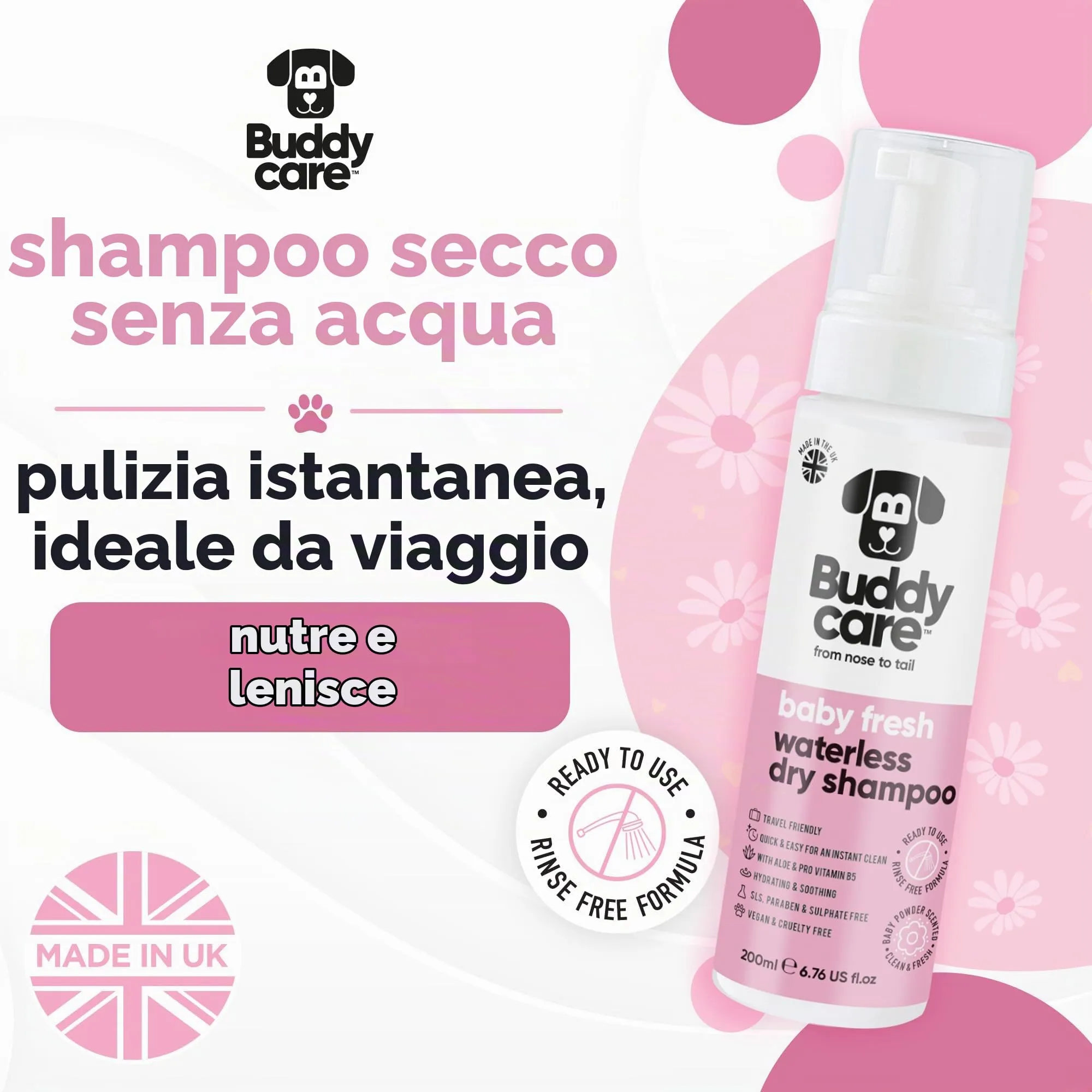 Buddycare Shampoo Secco per Cani Baby Fresh per Pelli Sensibili, 200 ml - immagine 2
