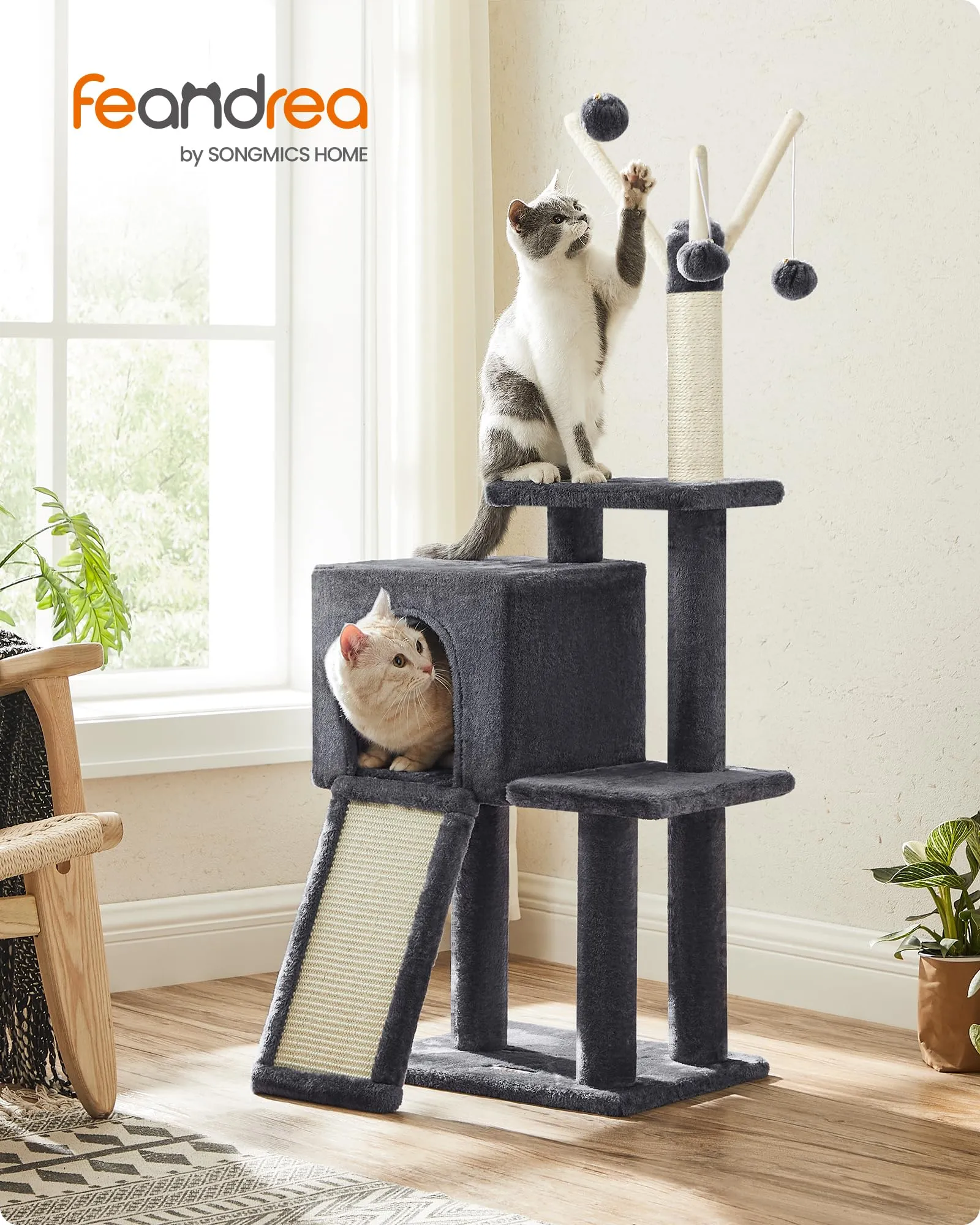Feandrea Tiragraffi per Gatti con Grotta e Diversi Livelli, 41,5x31x126 cm, Grigio Fumo - immagine 2