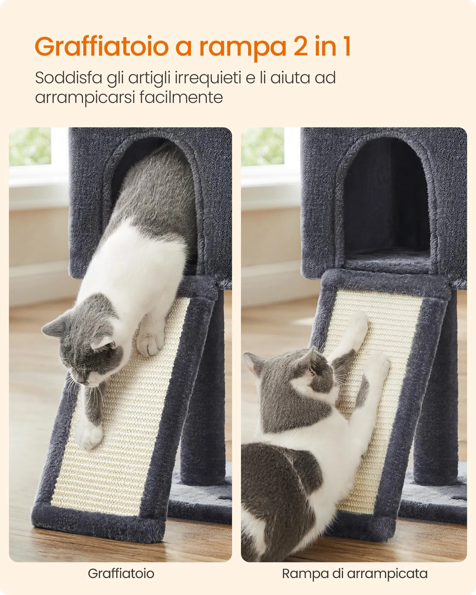 Feandrea Tiragraffi per Gatti con Grotta e Diversi Livelli, 41,5x31x126 cm, Grigio Fumo - immagine 4