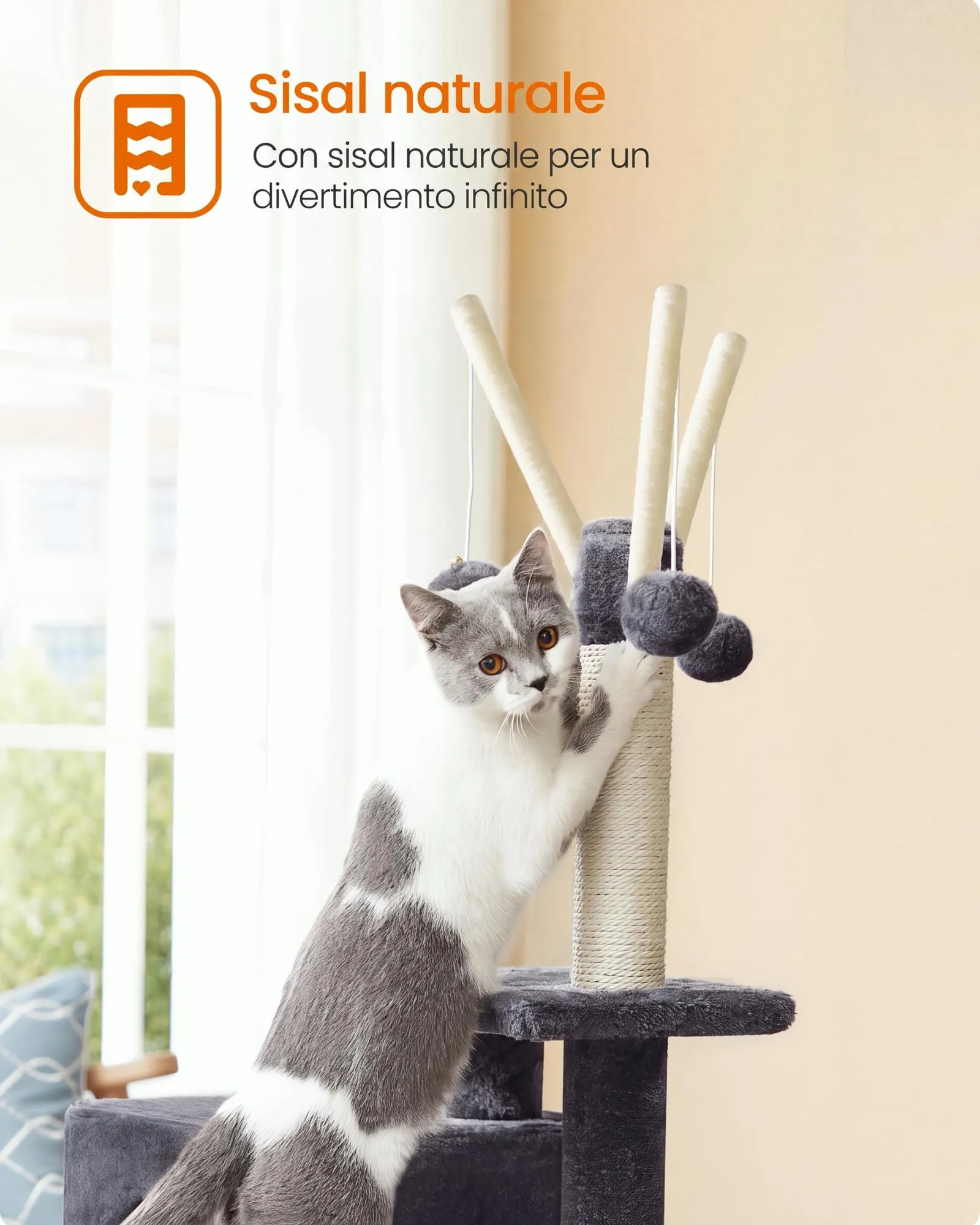 Feandrea Tiragraffi per Gatti con Grotta e Diversi Livelli, 41,5x31x126 cm, Grigio Fumo - immagine 5