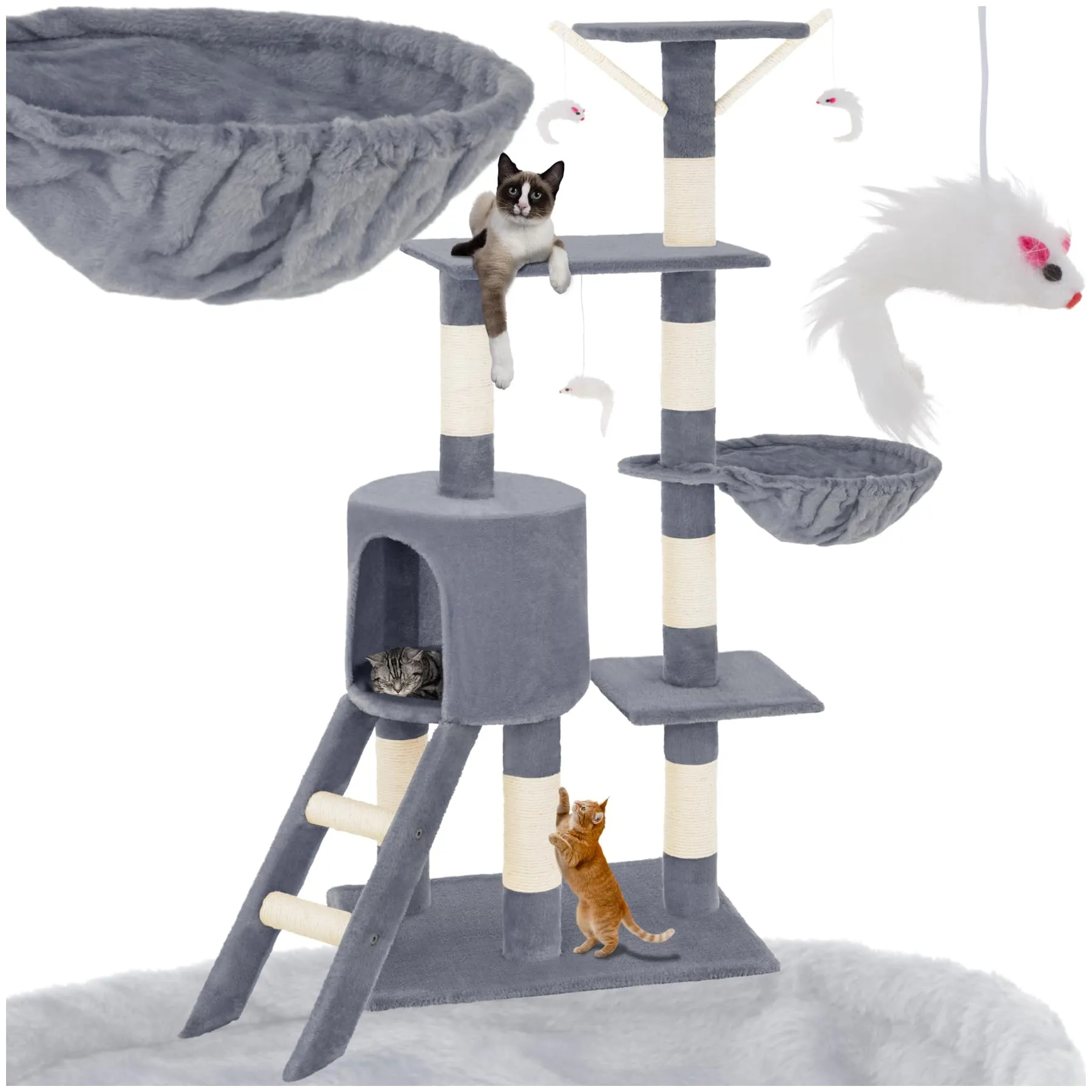 tectake Albero Tiragraffi per Gatti con Casetta e 3 Topolini, Altezza 144 cm - Grigio - immagine 1