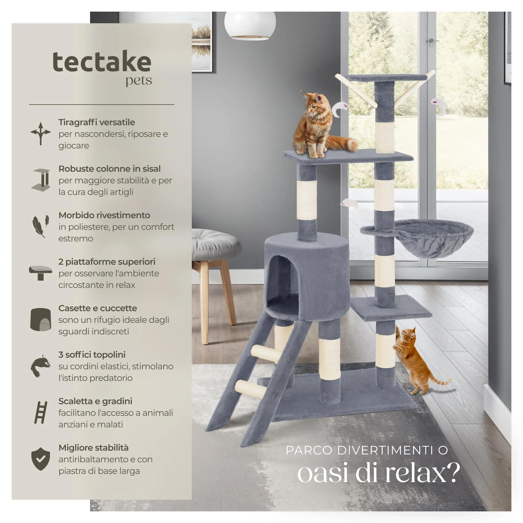 tectake Albero Tiragraffi per Gatti con Casetta e 3 Topolini, Altezza 144 cm - Grigio - immagine 2