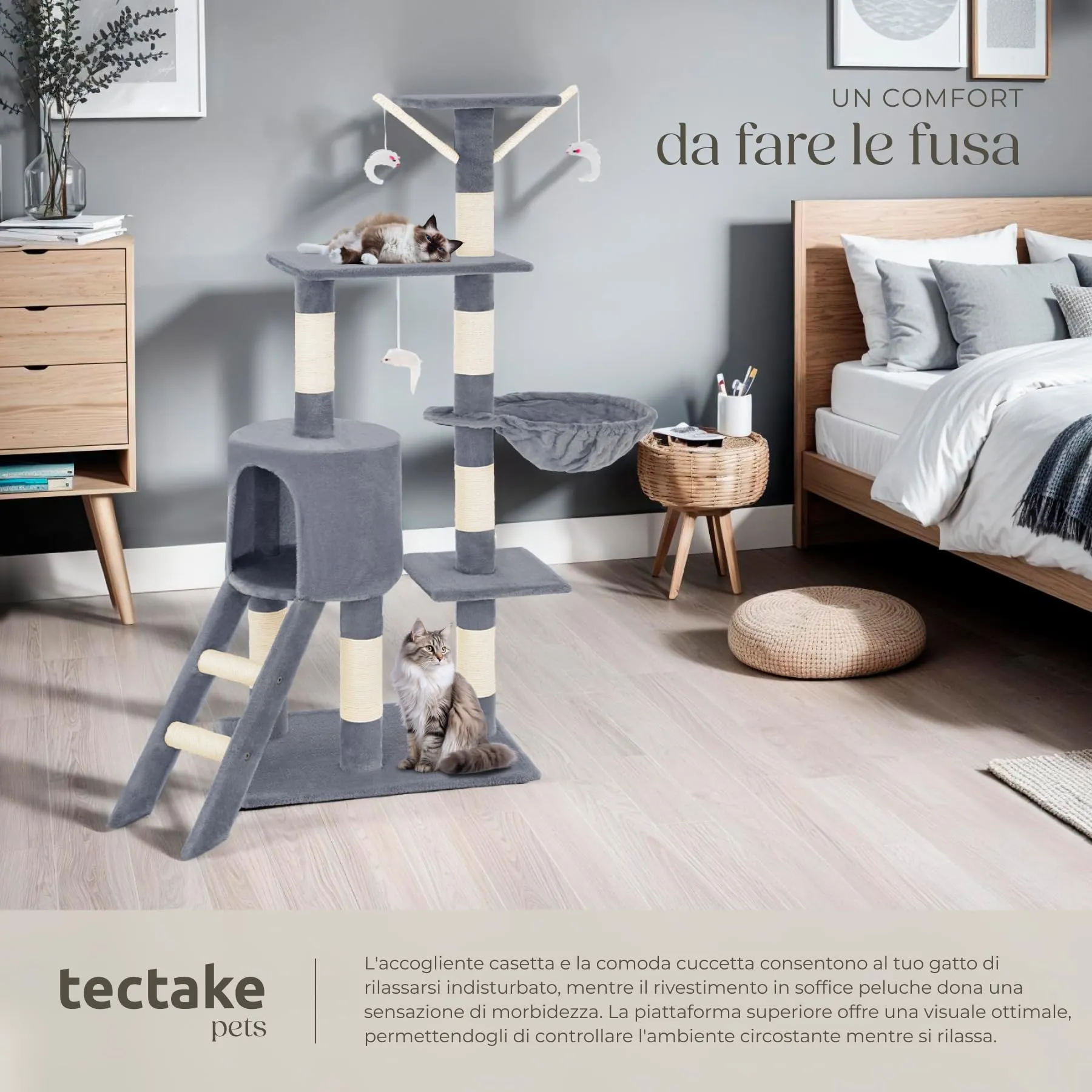 tectake Albero Tiragraffi per Gatti con Casetta e 3 Topolini, Altezza 144 cm - Grigio - immagine 3
