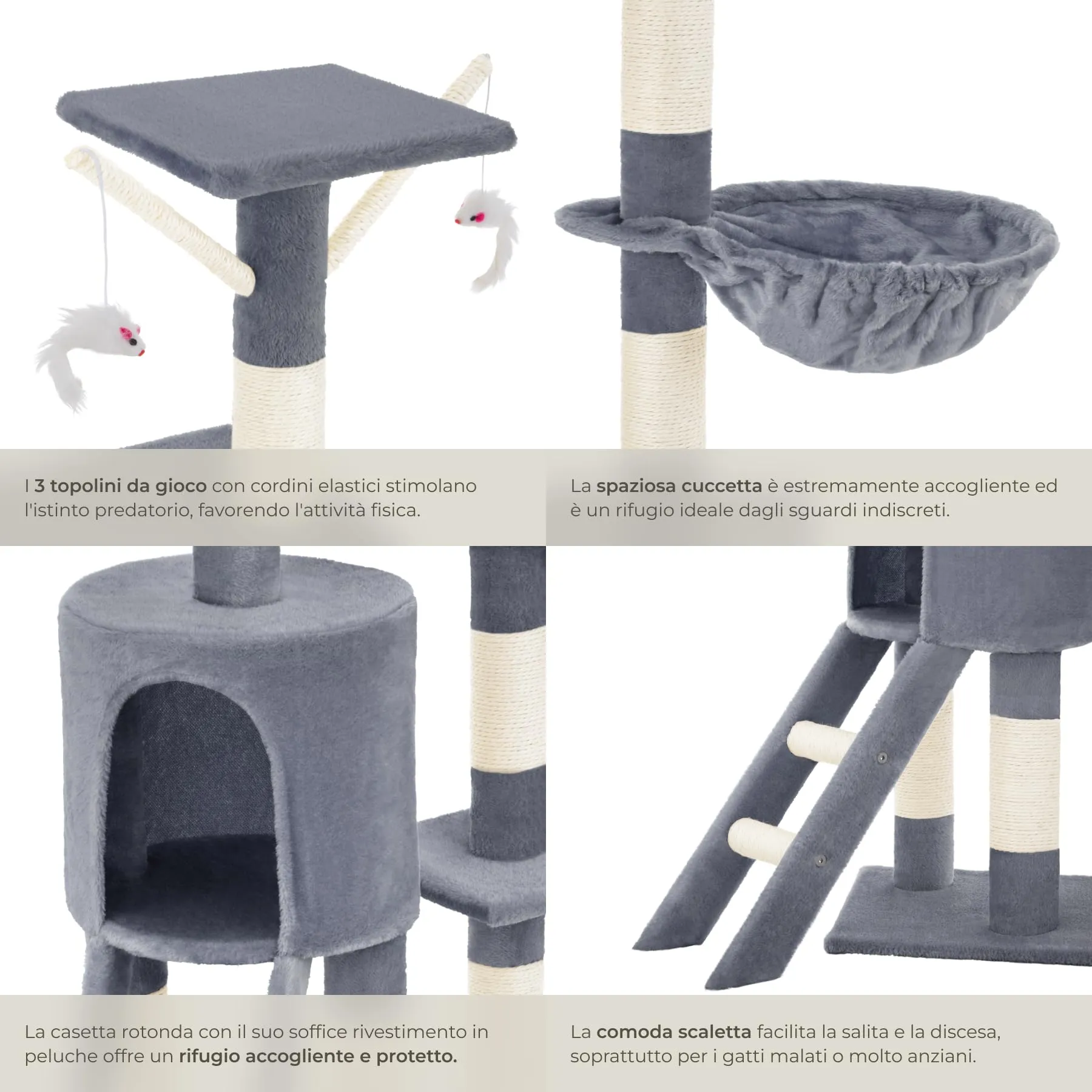tectake Albero Tiragraffi per Gatti con Casetta e 3 Topolini, Altezza 144 cm - Grigio - immagine 4