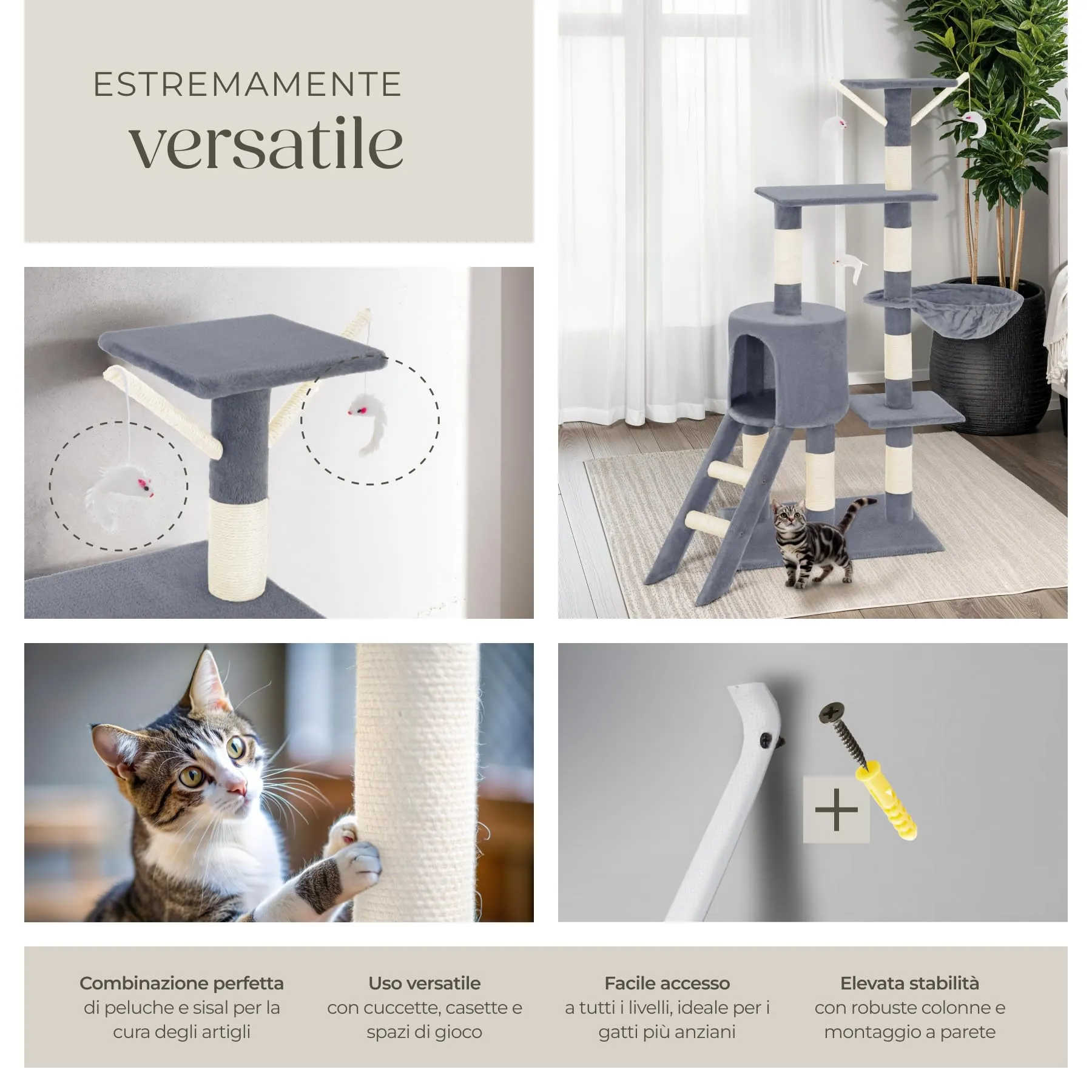 tectake Albero Tiragraffi per Gatti con Casetta e 3 Topolini, Altezza 144 cm - Grigio - immagine 5