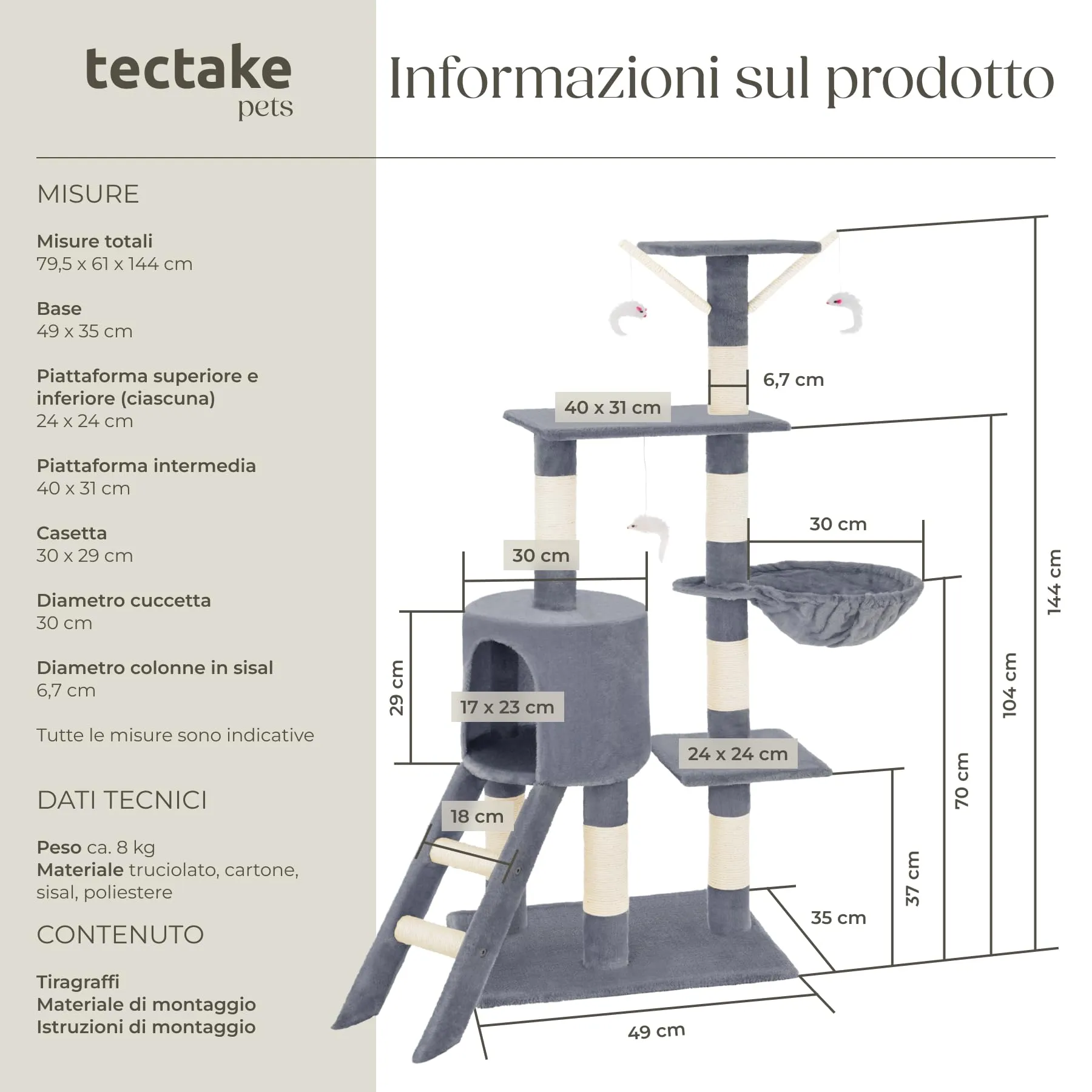 tectake Albero Tiragraffi per Gatti con Casetta e 3 Topolini, Altezza 144 cm - Grigio - immagine 6
