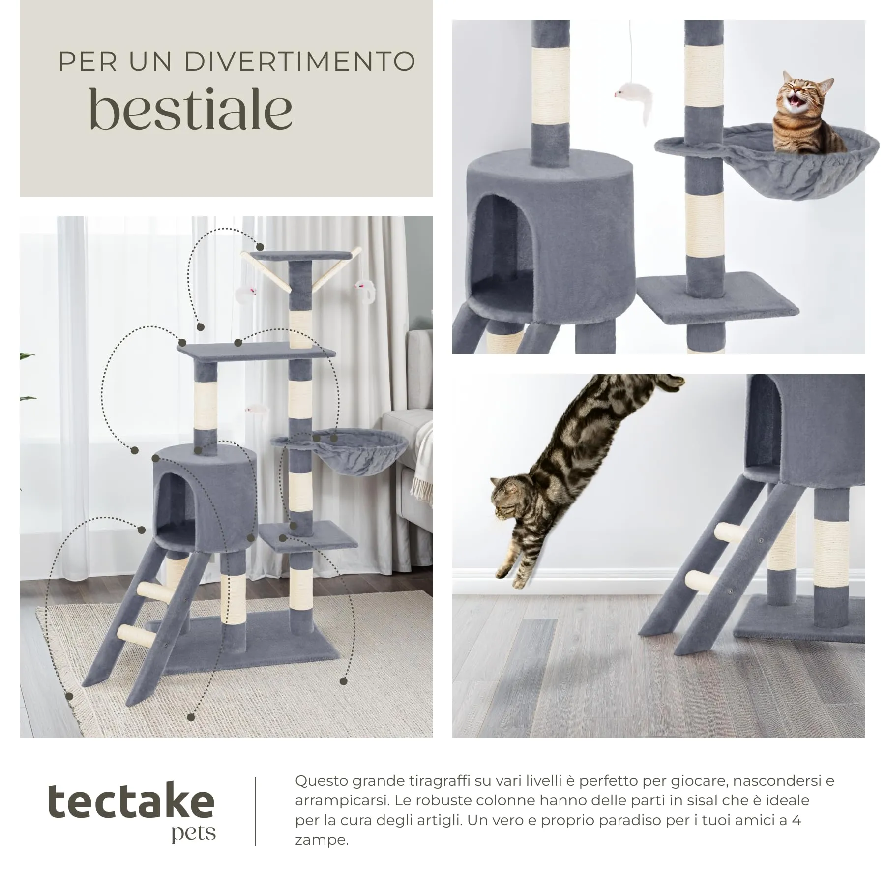 tectake Albero Tiragraffi per Gatti con Casetta e 3 Topolini, Altezza 144 cm - Grigio - immagine 7