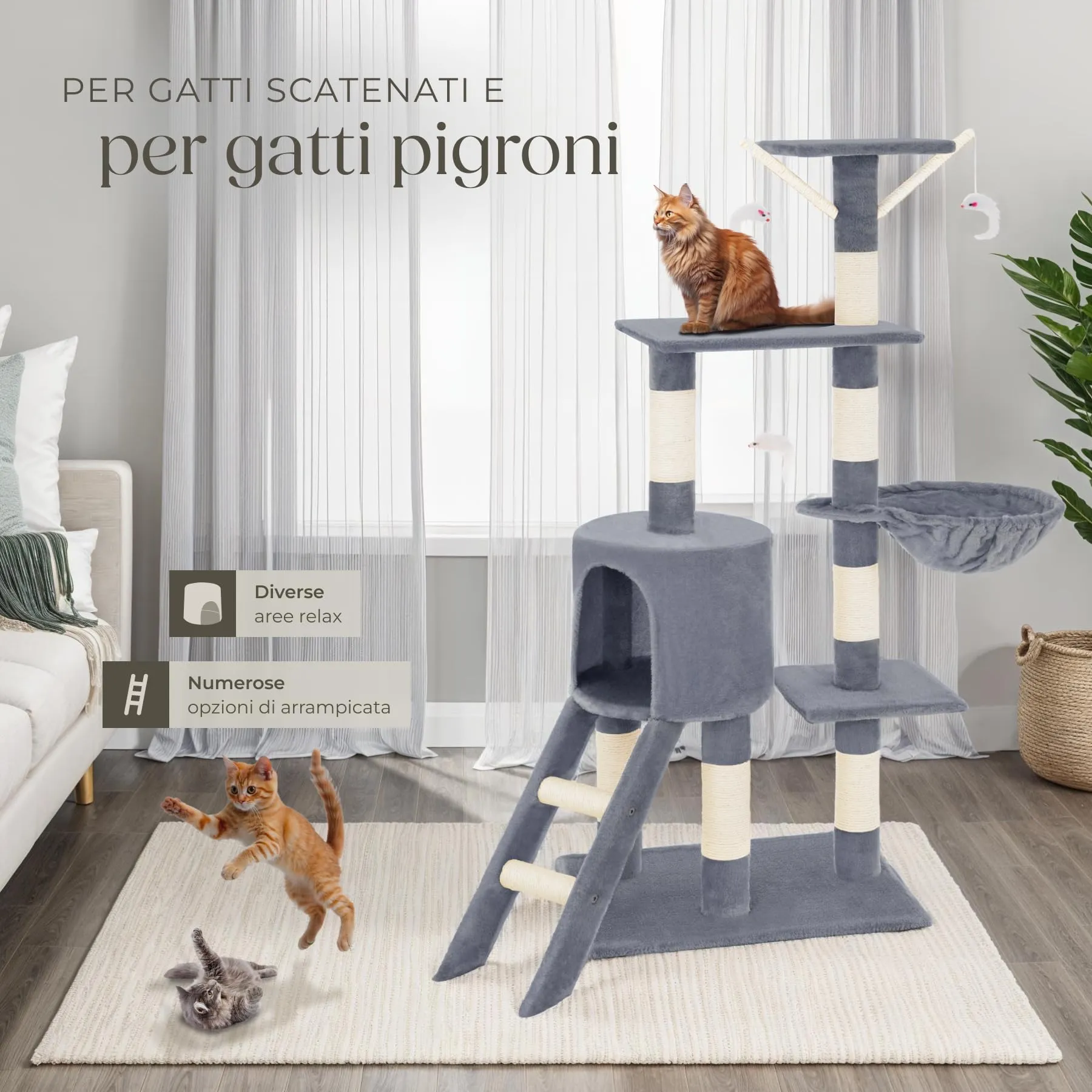 tectake Albero Tiragraffi per Gatti con Casetta e 3 Topolini, Altezza 144 cm - Grigio - immagine 8