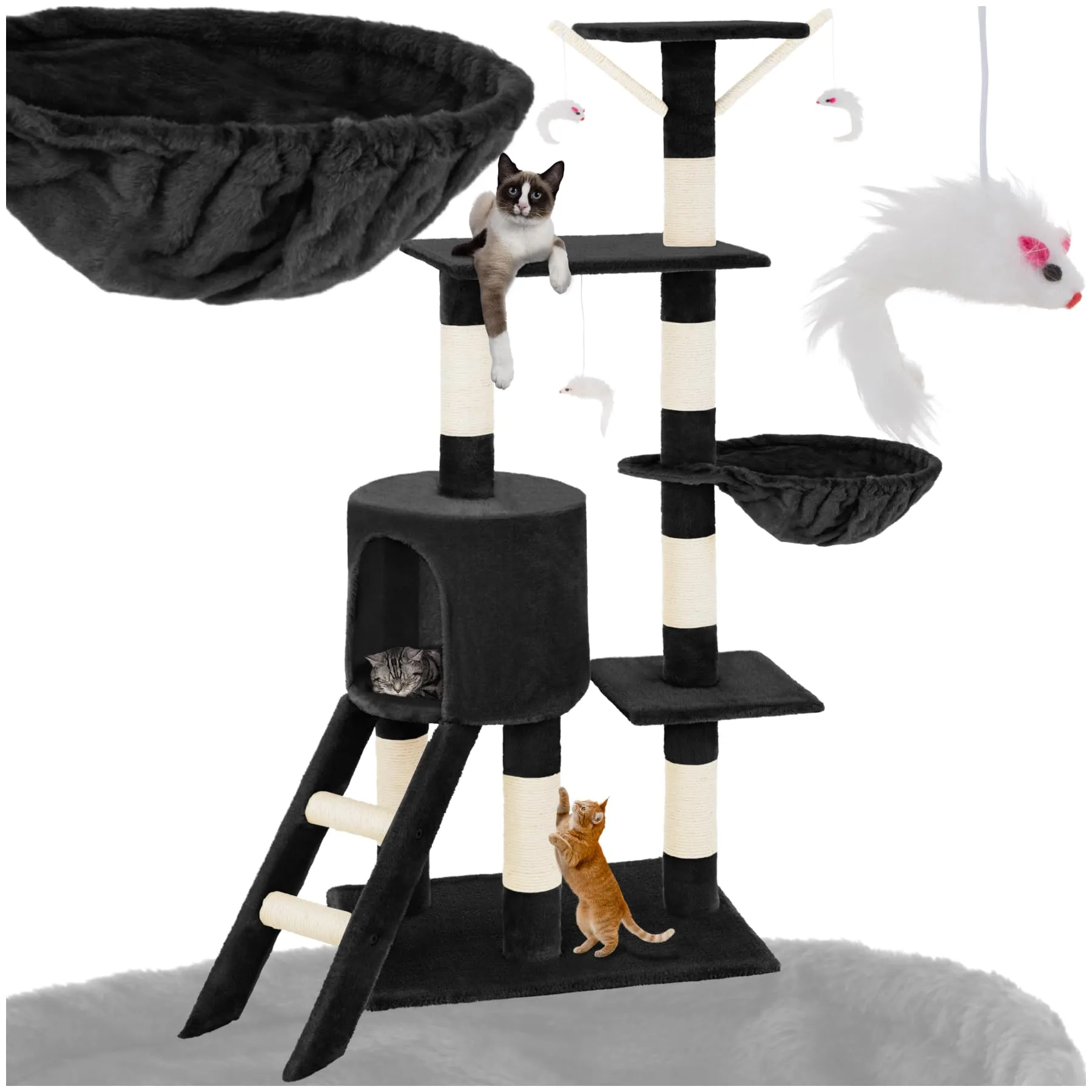 tectake Albero Tiragraffi per Gatti con Casetta e 3 Topolini, 144 cm - Nero - immagine 1