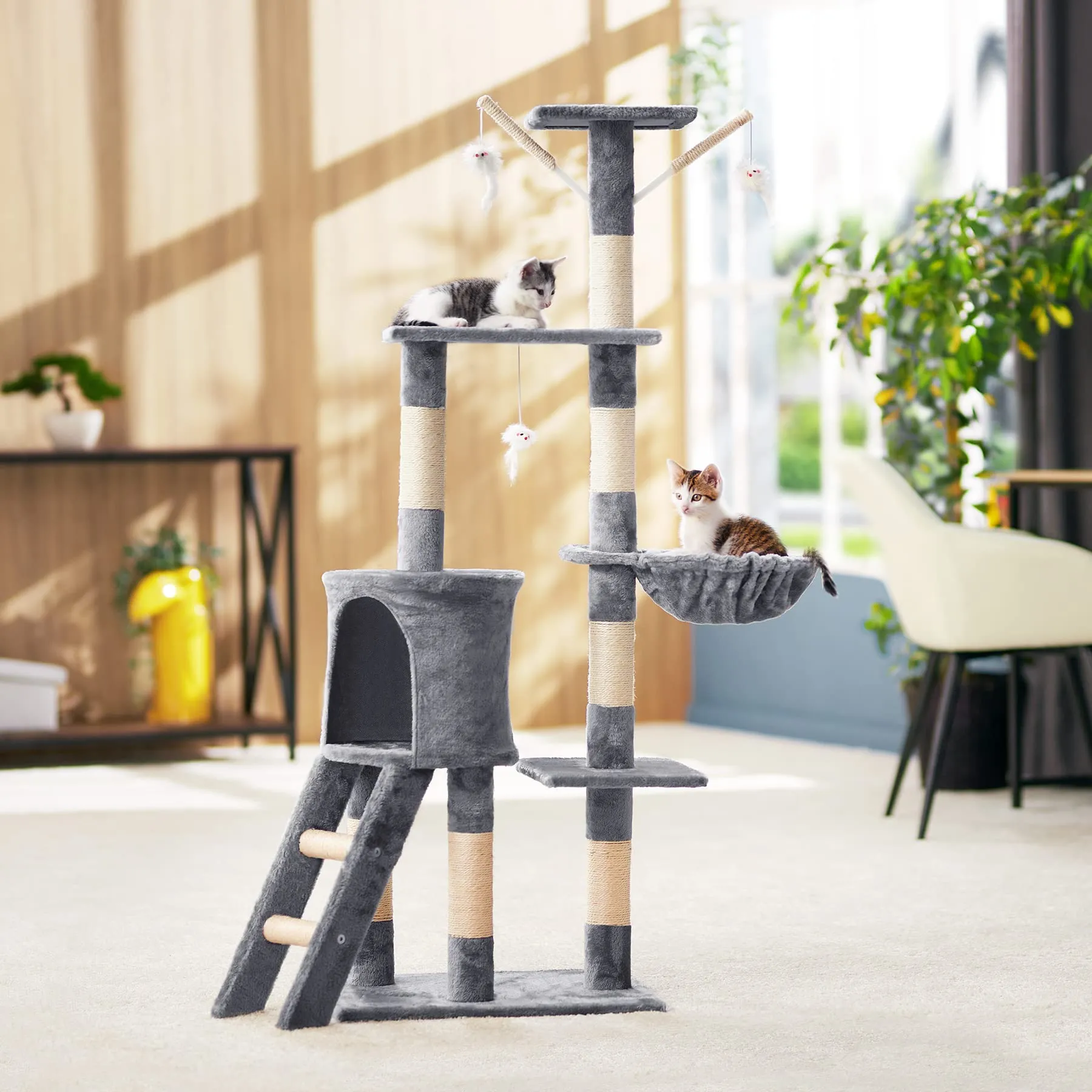 tectake Albero Tiragraffi per Gatti con Casetta e 3 Topolini, 144 cm - Nero - immagine 2