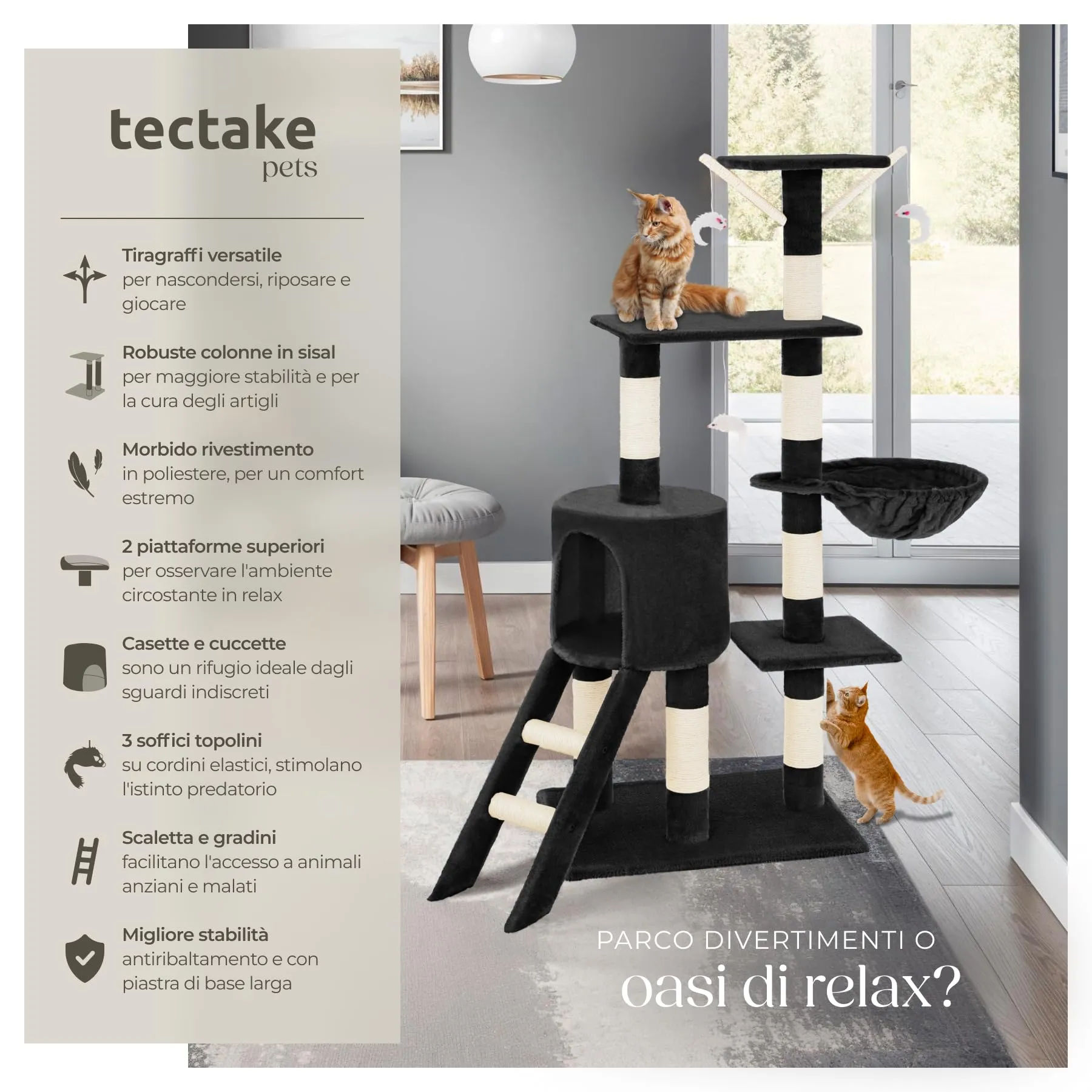 tectake Albero Tiragraffi per Gatti con Casetta e 3 Topolini, 144 cm - Nero - immagine 3