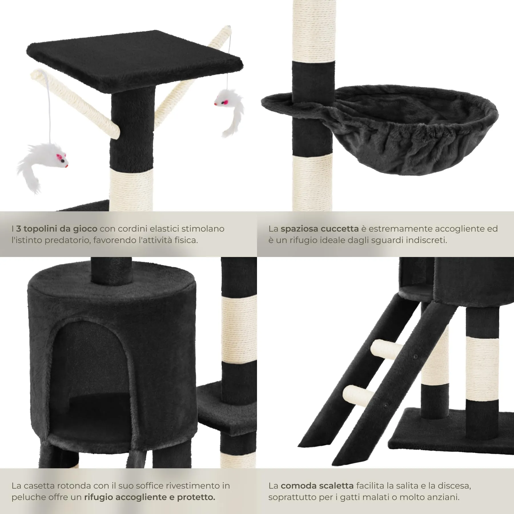 tectake Albero Tiragraffi per Gatti con Casetta e 3 Topolini, 144 cm - Nero - immagine 5