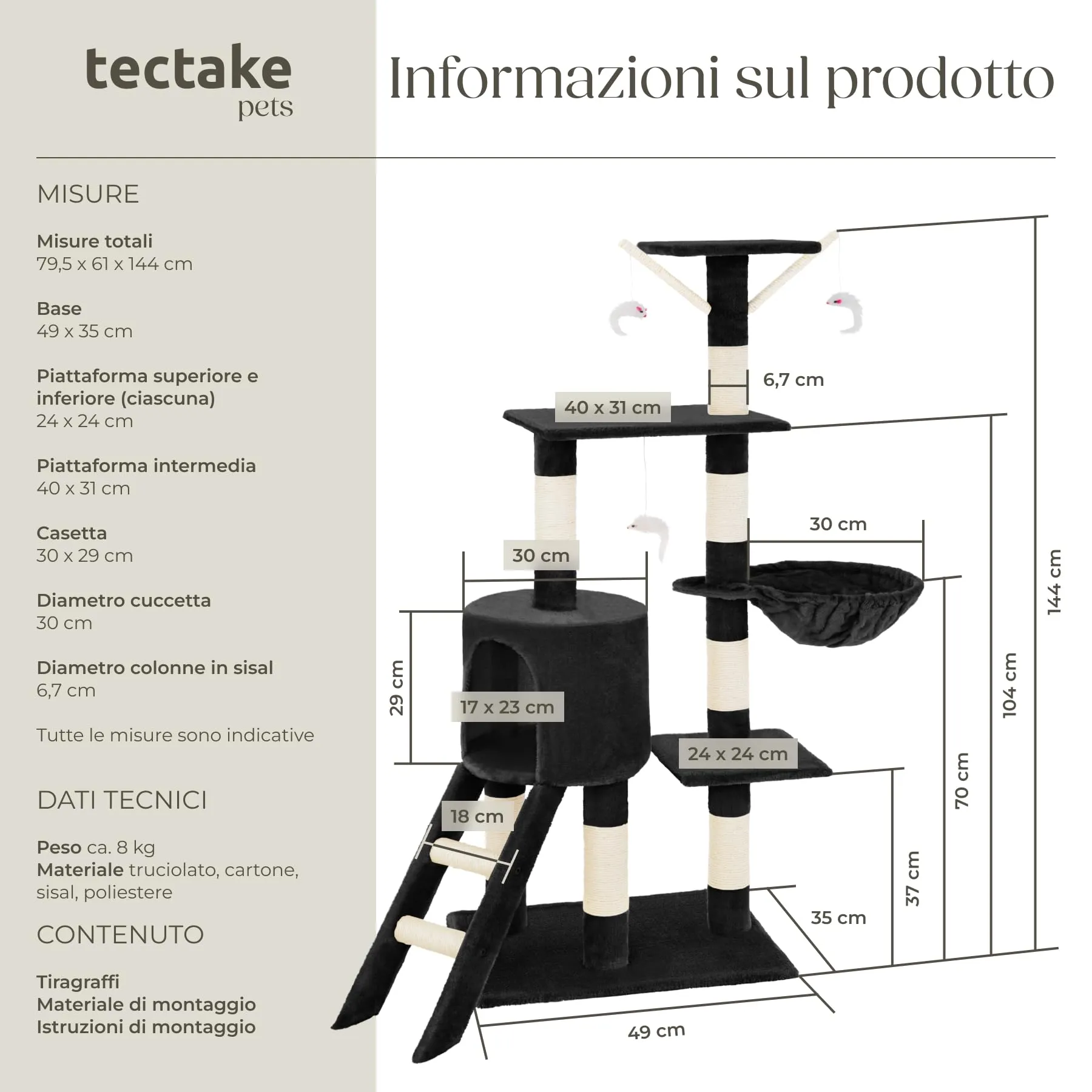 tectake Albero Tiragraffi per Gatti con Casetta e 3 Topolini, 144 cm - Nero - immagine 7