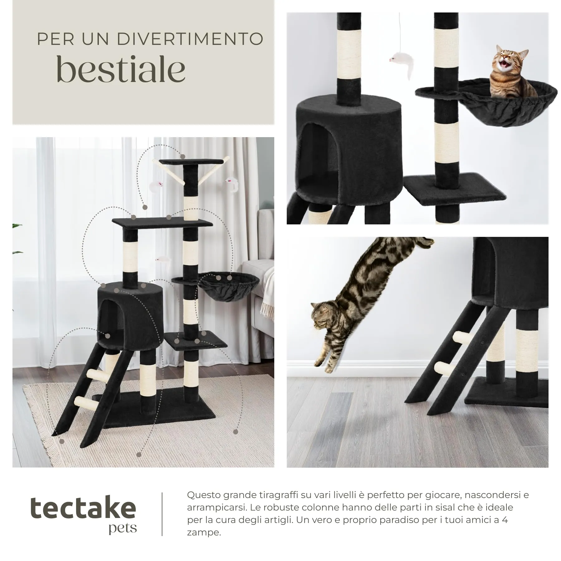 tectake Albero Tiragraffi per Gatti con Casetta e 3 Topolini, 144 cm - Nero - immagine 8