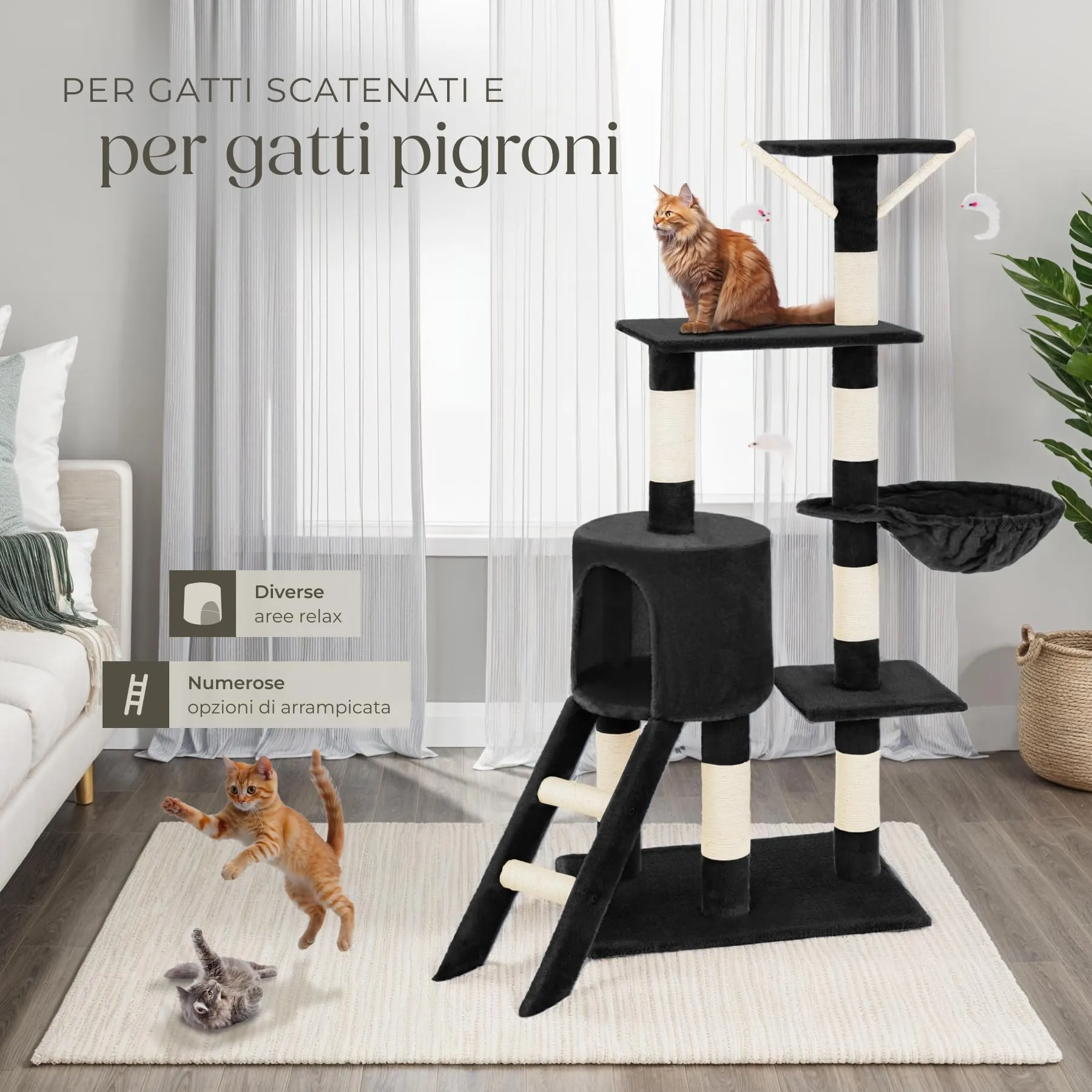 tectake Albero Tiragraffi per Gatti con Casetta e 3 Topolini, 144 cm - Nero - immagine 9
