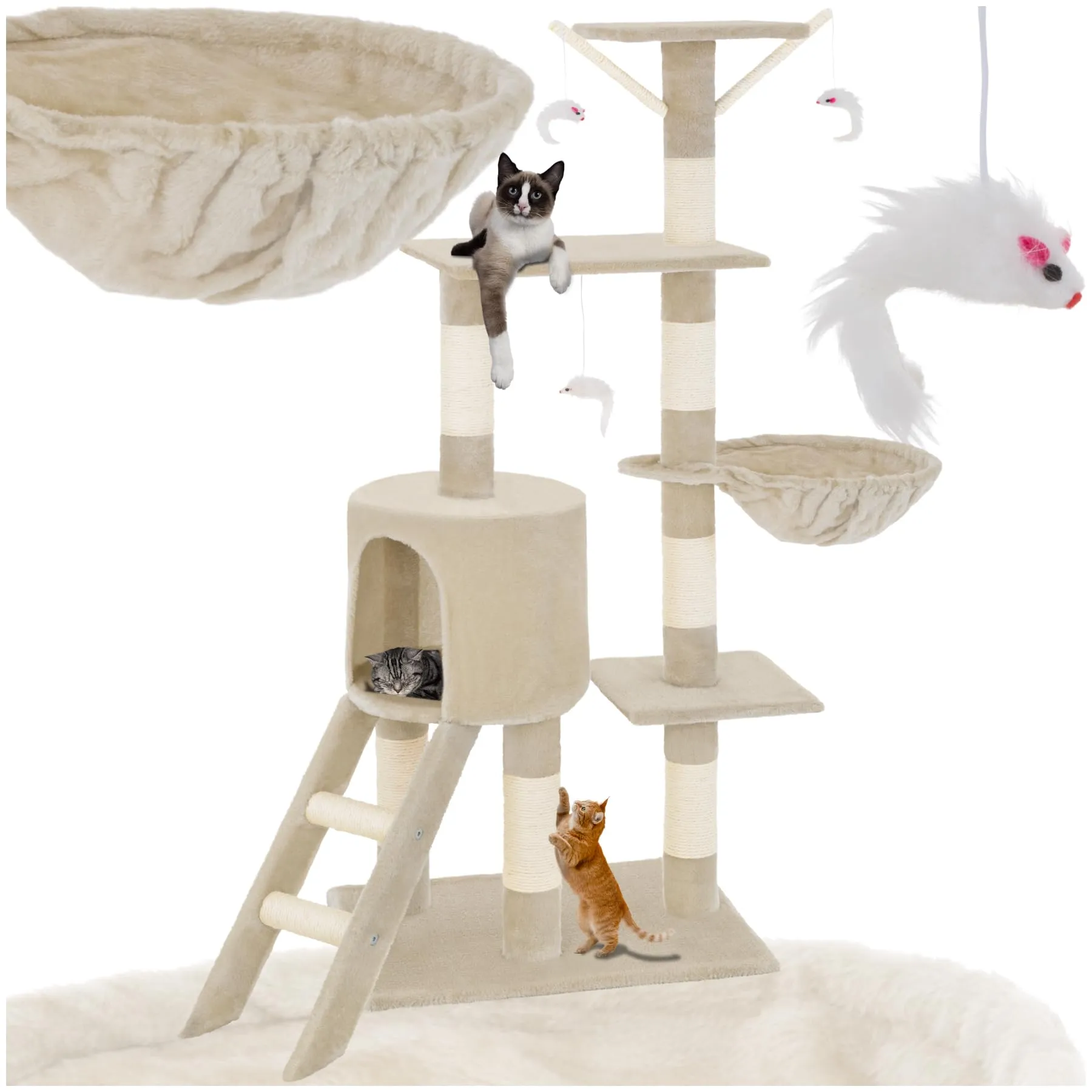 tectake Albero Tiragraffi per Gatti con Casetta e 3 Topolini, Altezza 144 cm - Beige - immagine 1