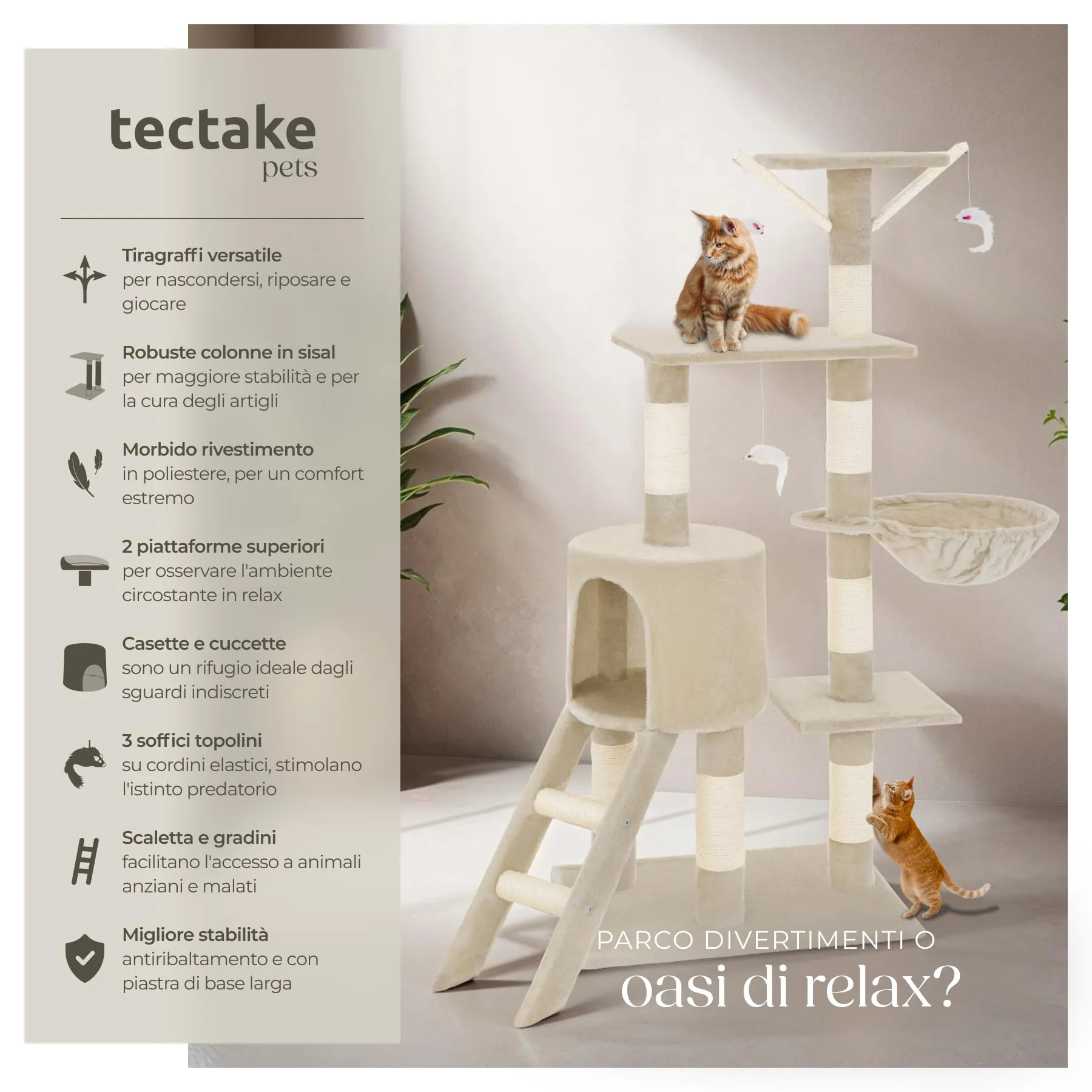 tectake Albero Tiragraffi per Gatti con Casetta e 3 Topolini, Altezza 144 cm - Beige - immagine 3