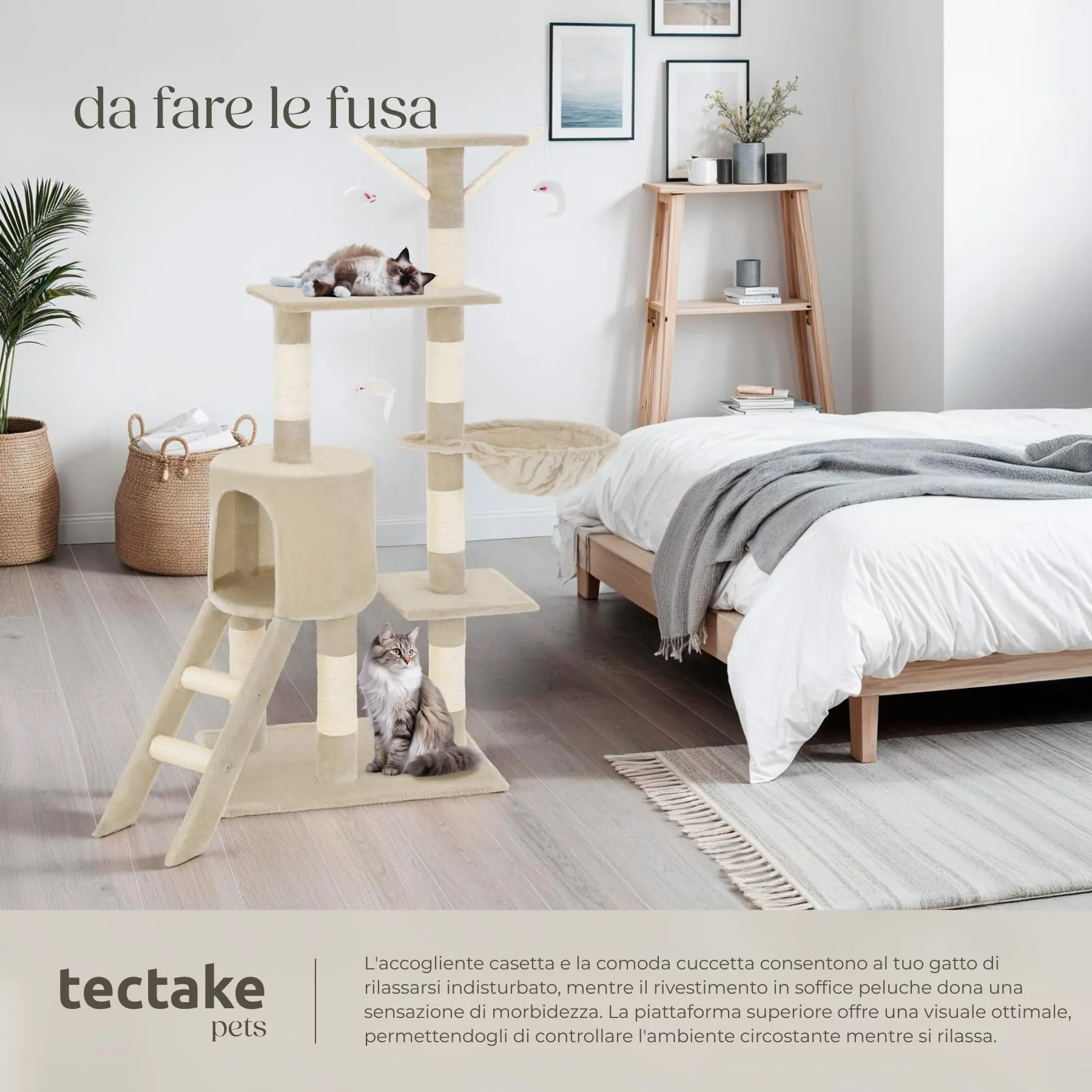 tectake Albero Tiragraffi per Gatti con Casetta e 3 Topolini, Altezza 144 cm - Beige - immagine 4