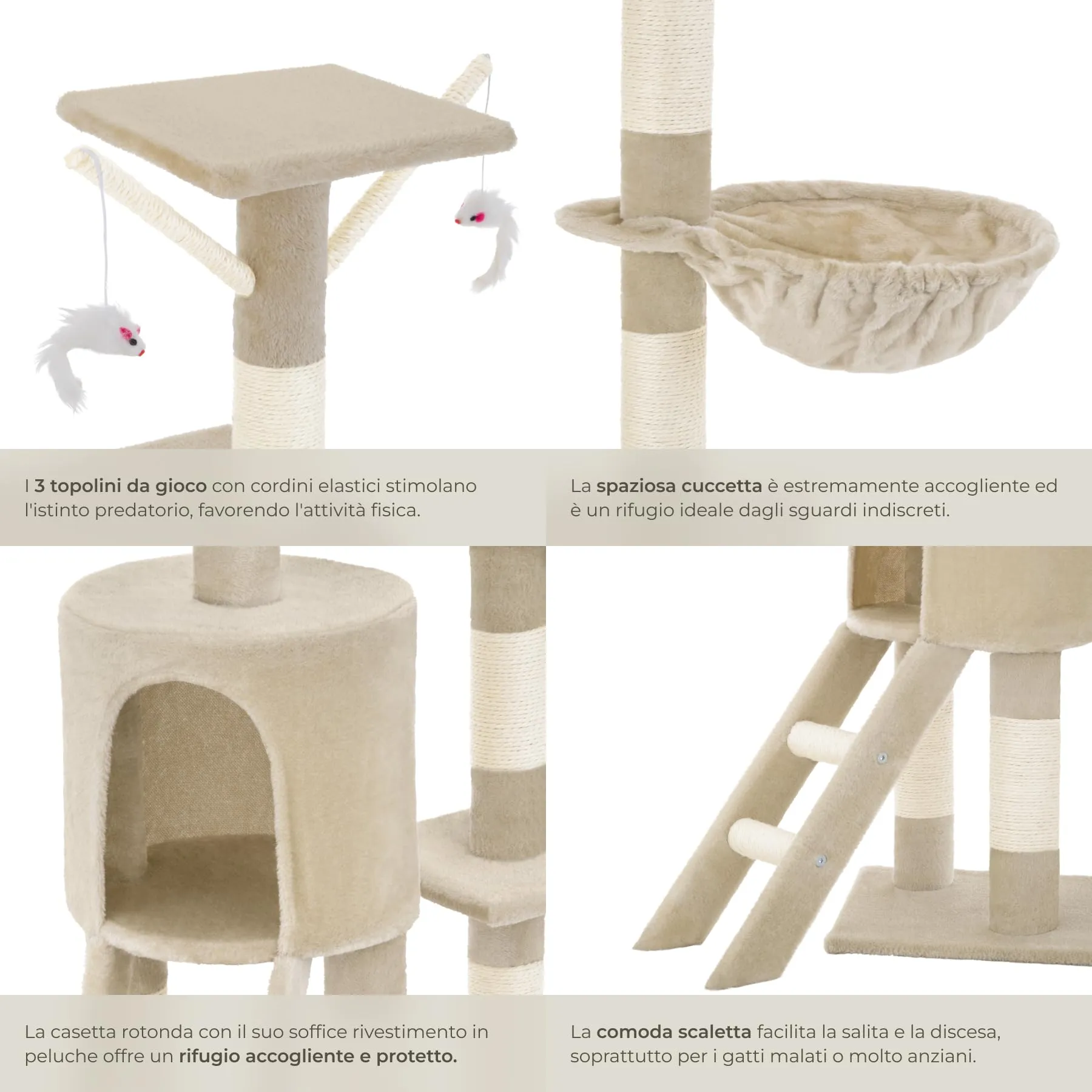 tectake Albero Tiragraffi per Gatti con Casetta e 3 Topolini, Altezza 144 cm - Beige - immagine 5