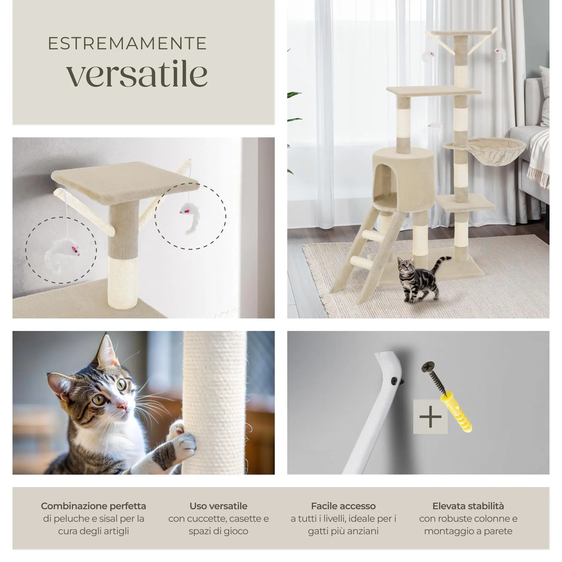 tectake Albero Tiragraffi per Gatti con Casetta e 3 Topolini, Altezza 144 cm - Beige - immagine 6