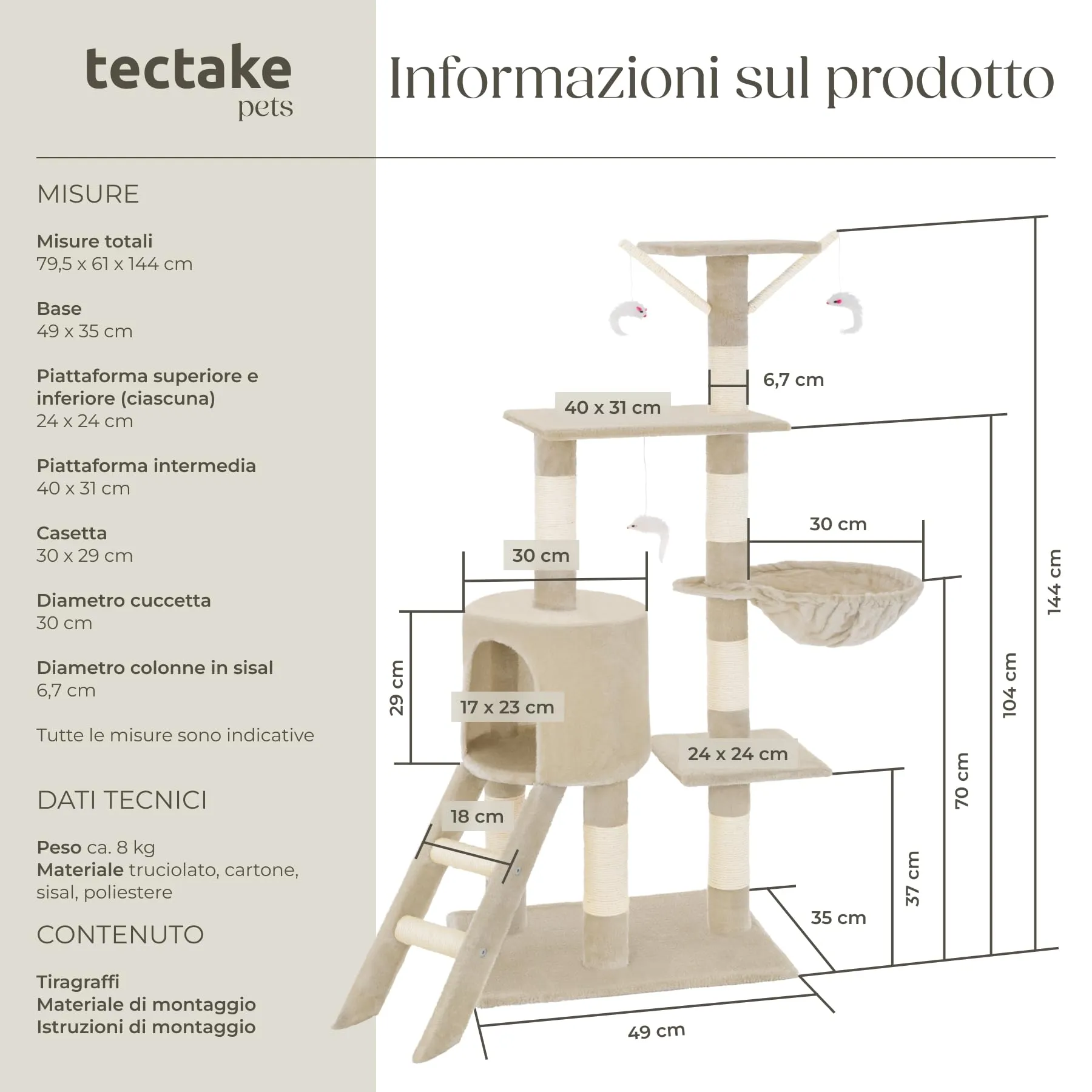tectake Albero Tiragraffi per Gatti con Casetta e 3 Topolini, Altezza 144 cm - Beige - immagine 7
