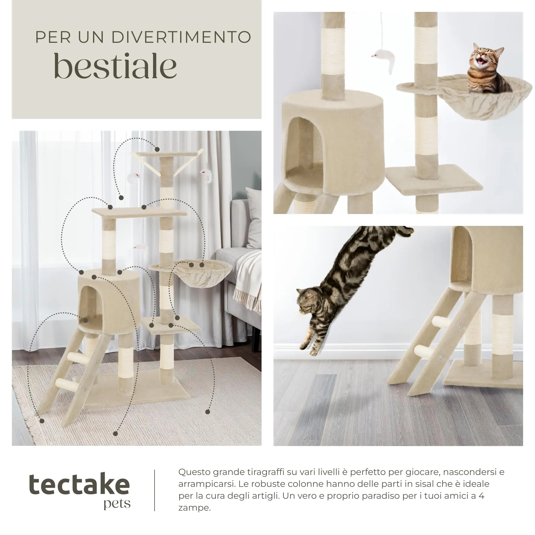 tectake Albero Tiragraffi per Gatti con Casetta e 3 Topolini, Altezza 144 cm - Beige - immagine 8