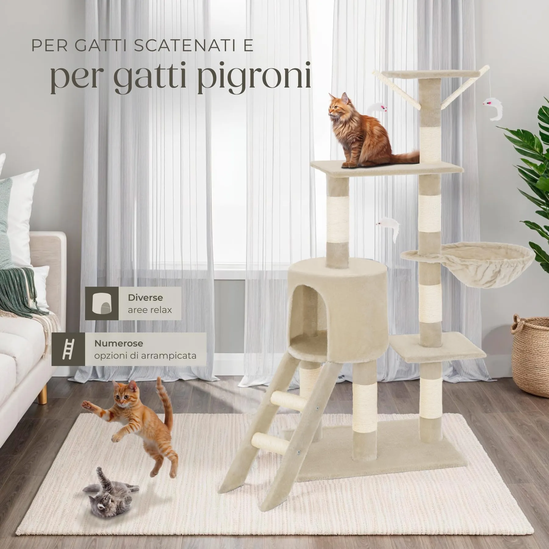 tectake Albero Tiragraffi per Gatti con Casetta e 3 Topolini, Altezza 144 cm - Beige - immagine 9