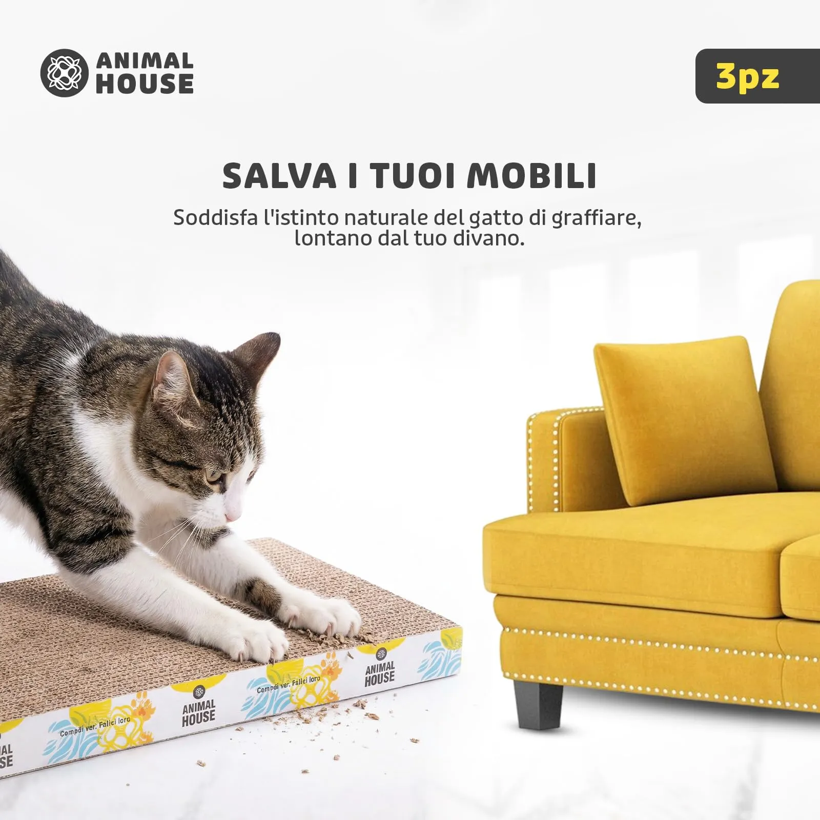 Animal House Set 3 Pezzi Tiragraffi per Gatti in Cartone, Dritto - immagine 5