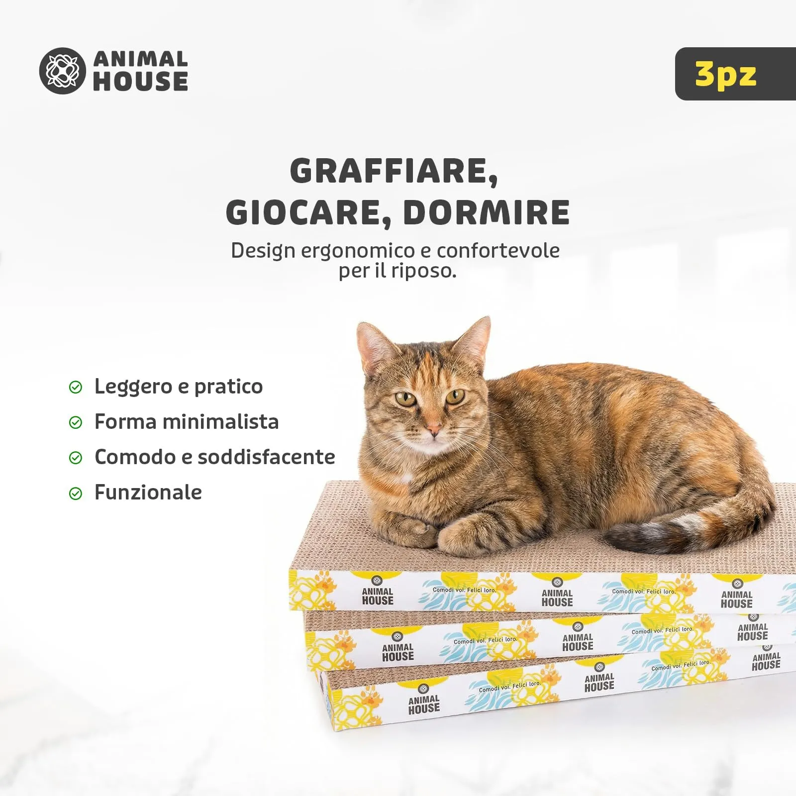 Animal House Set 3 Pezzi Tiragraffi per Gatti in Cartone, Dritto - immagine 6