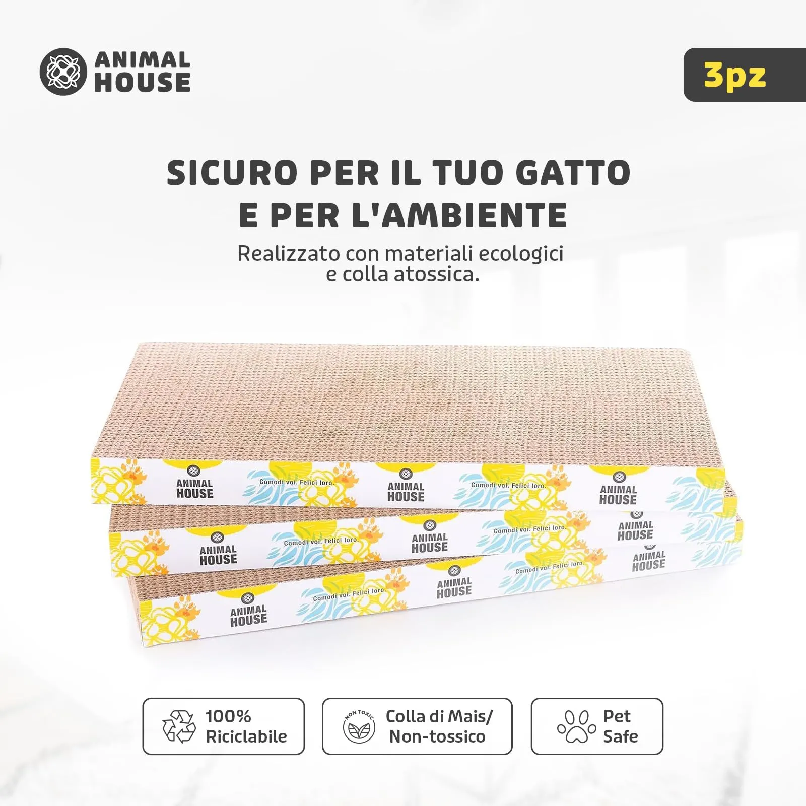 Animal House Set 3 Pezzi Tiragraffi per Gatti in Cartone, Dritto - immagine 7