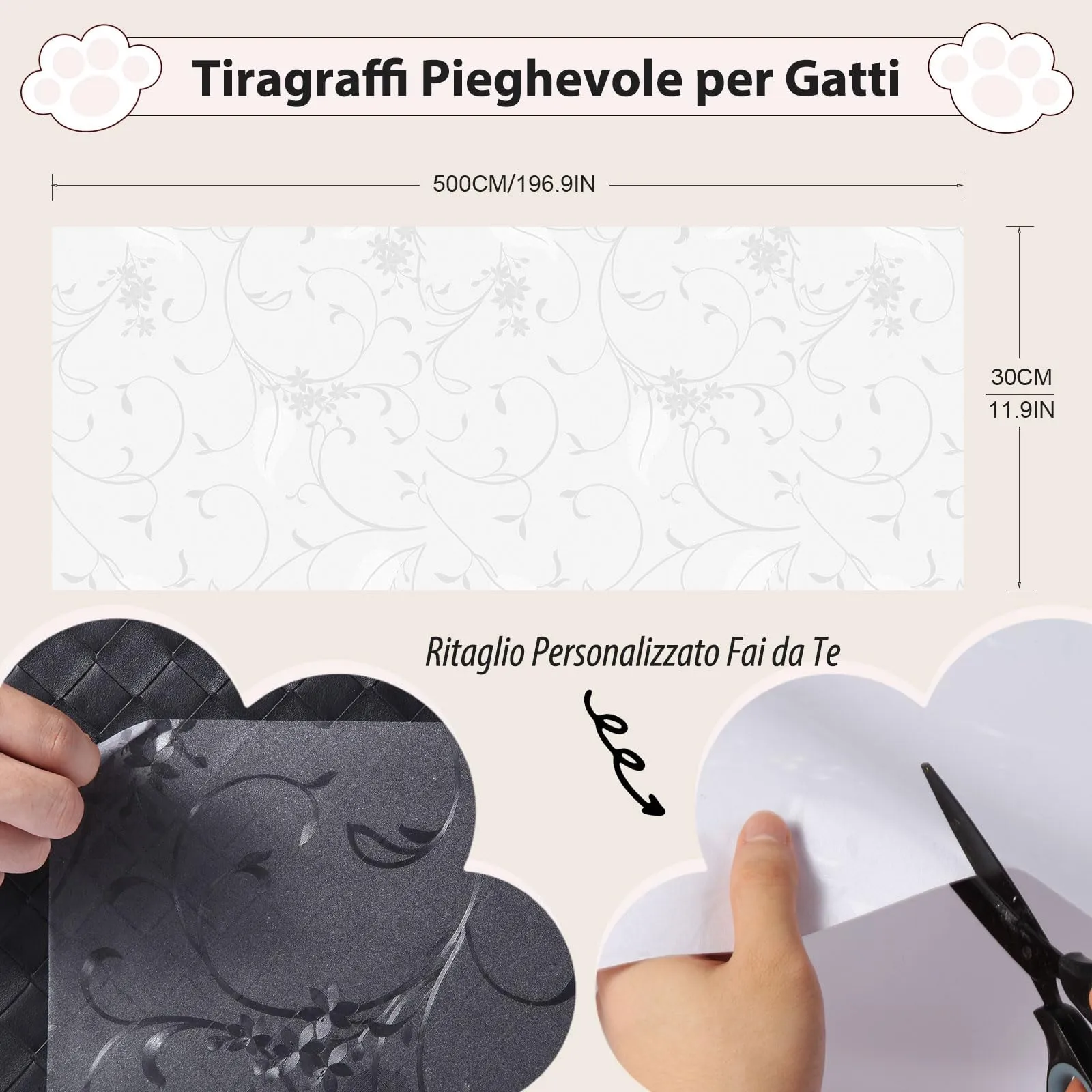 QianShouYan Pellicola Antigraffio per Gatti Autoadesiva Opaca 30cm x 5m Motivo a Viticci - immagine 3