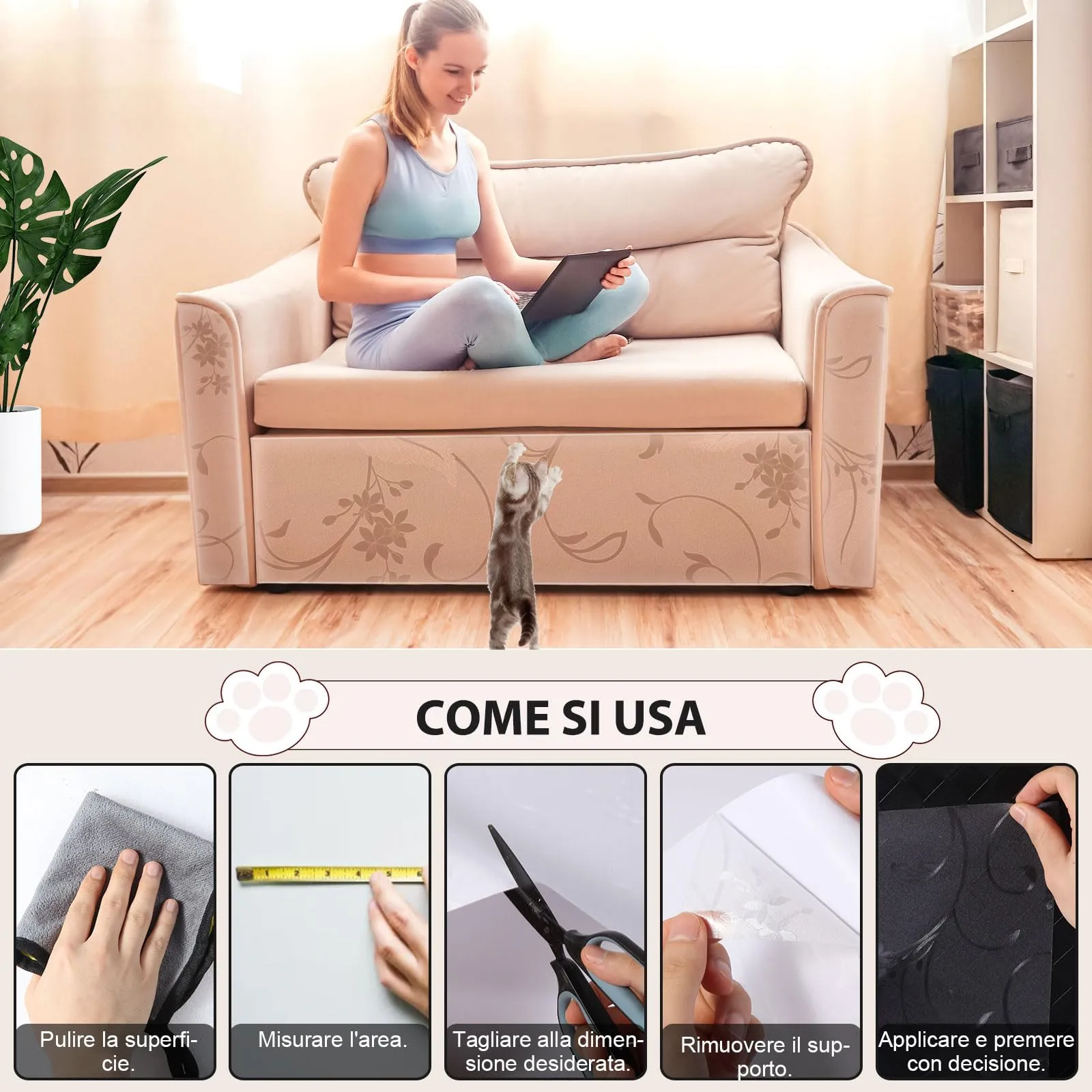 QianShouYan Pellicola Antigraffio per Gatti Autoadesiva Opaca 30cm x 5m Motivo a Viticci - immagine 4