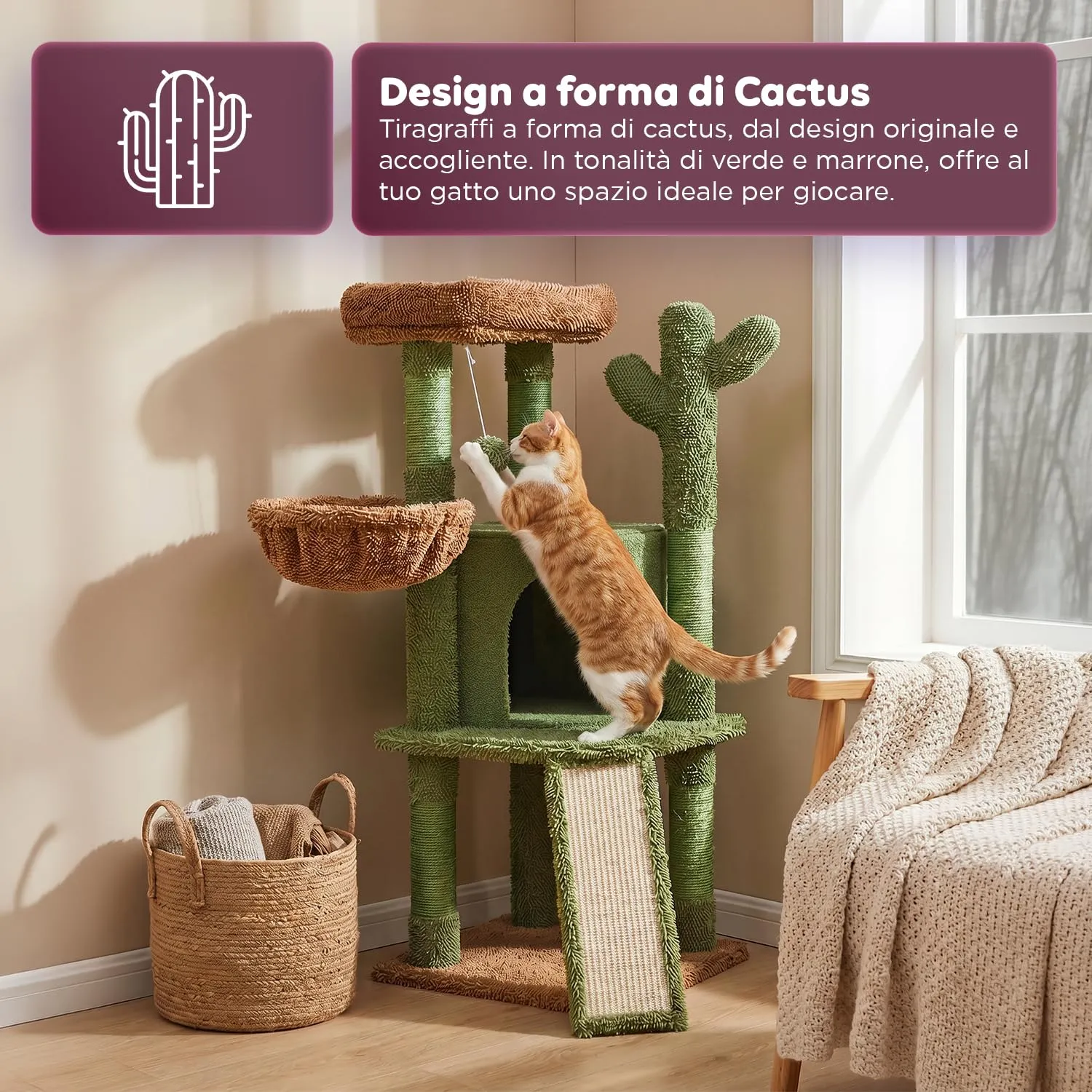 Avilia Albero Tiragraffi per Gatti a Forma di Cactus in Sisal, 106,5 cm - immagine 2