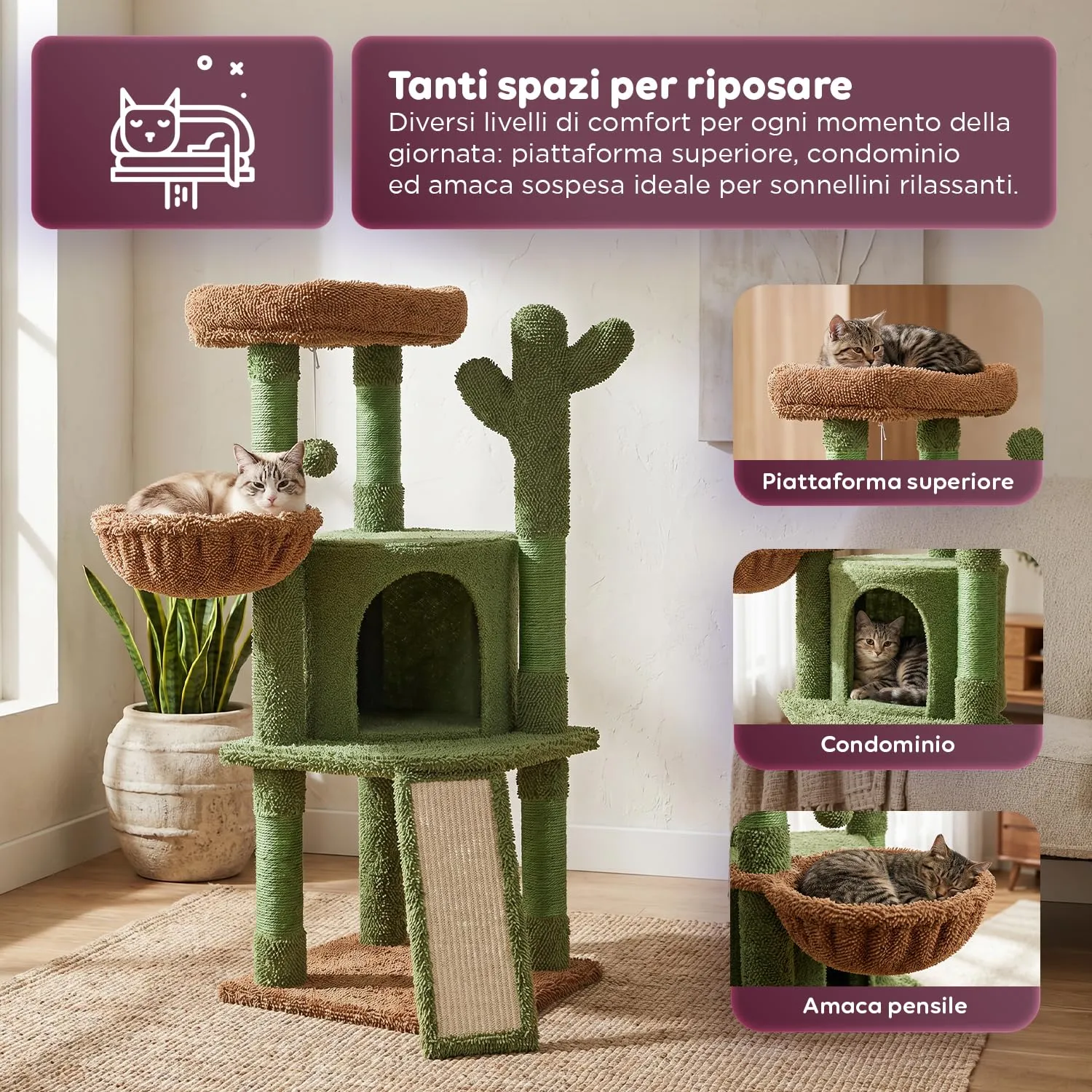 Avilia Albero Tiragraffi per Gatti a Forma di Cactus in Sisal, 106,5 cm - immagine 3