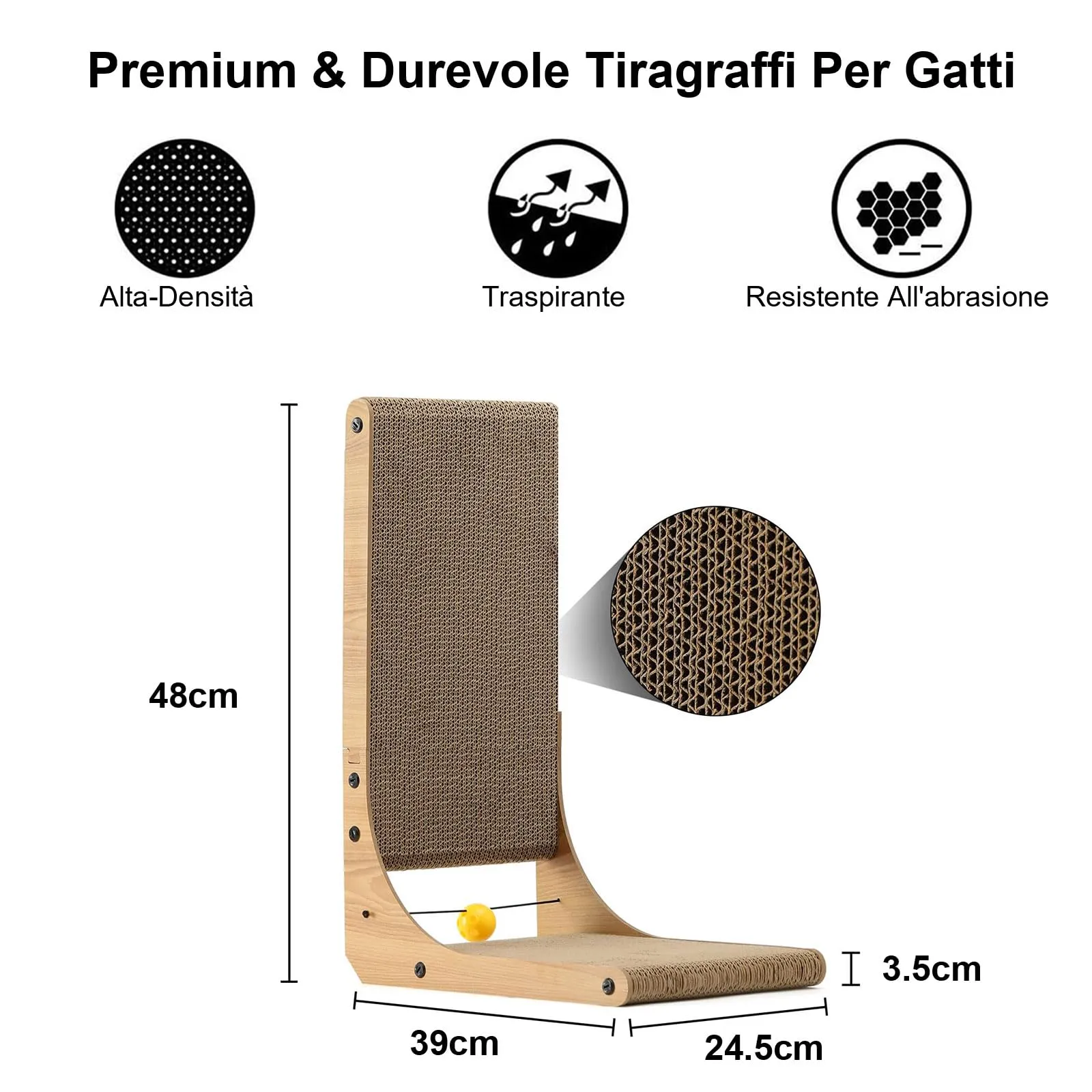 FUKUMARU Tiragraffi per Gatti a Forma di L, 48 cm, in Cartone con Pallina - immagine 3