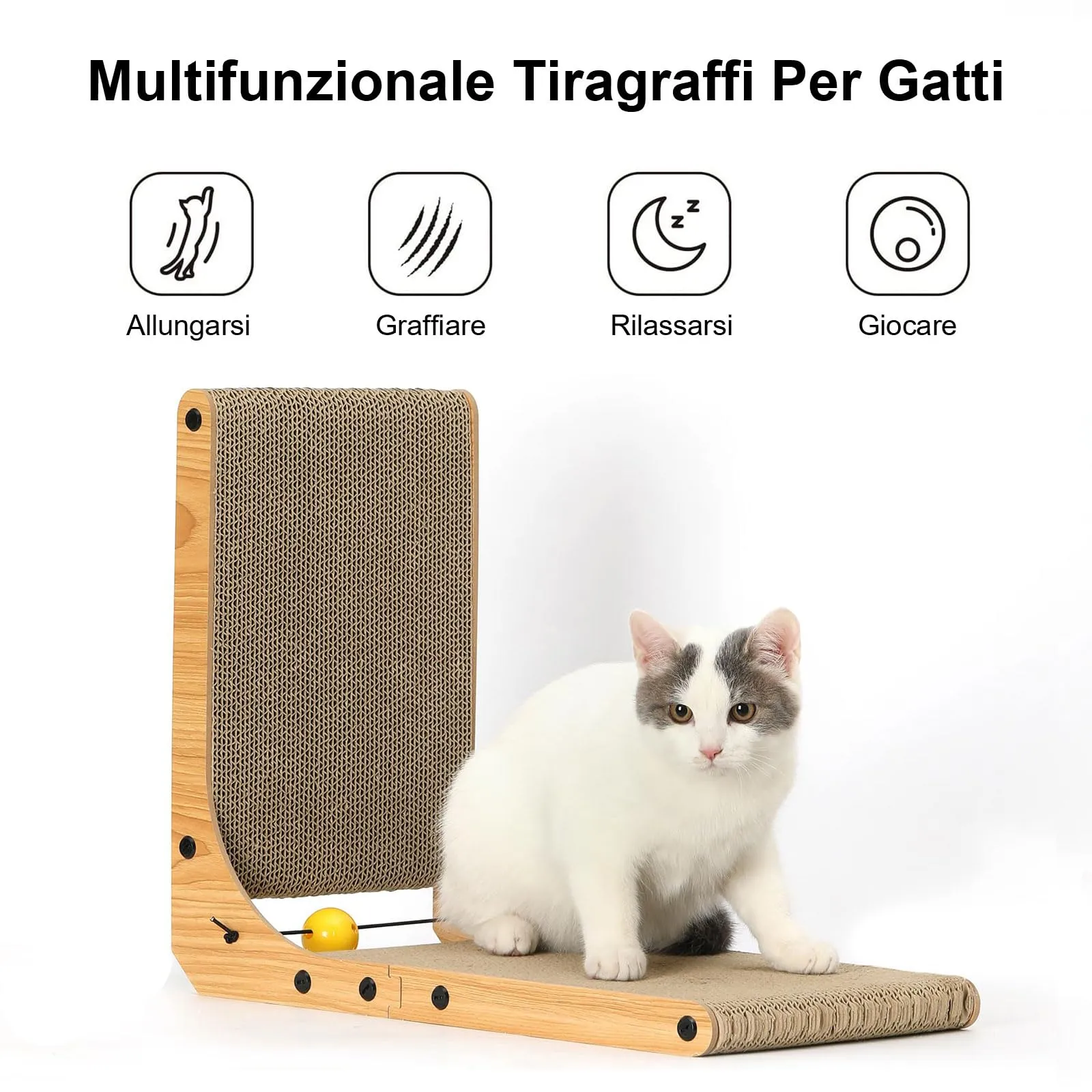 FUKUMARU Tiragraffi per Gatti a Forma di L, 48 cm, in Cartone con Pallina - immagine 4