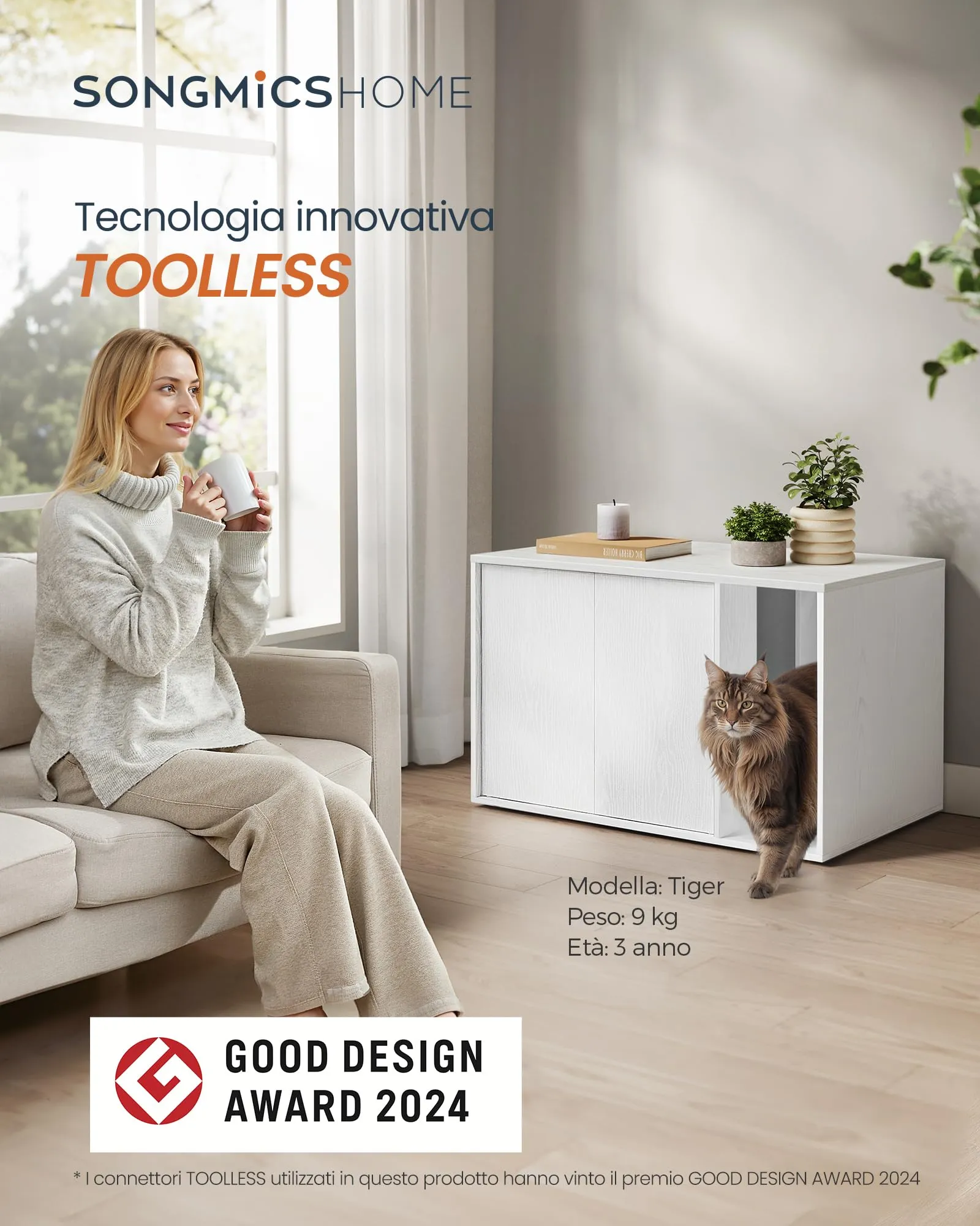 SONGMICS HOME Mobiletto Lettiera per Gatti Snapsemble, Bianco Neve, 80 x 50 x 50 cm - immagine 2