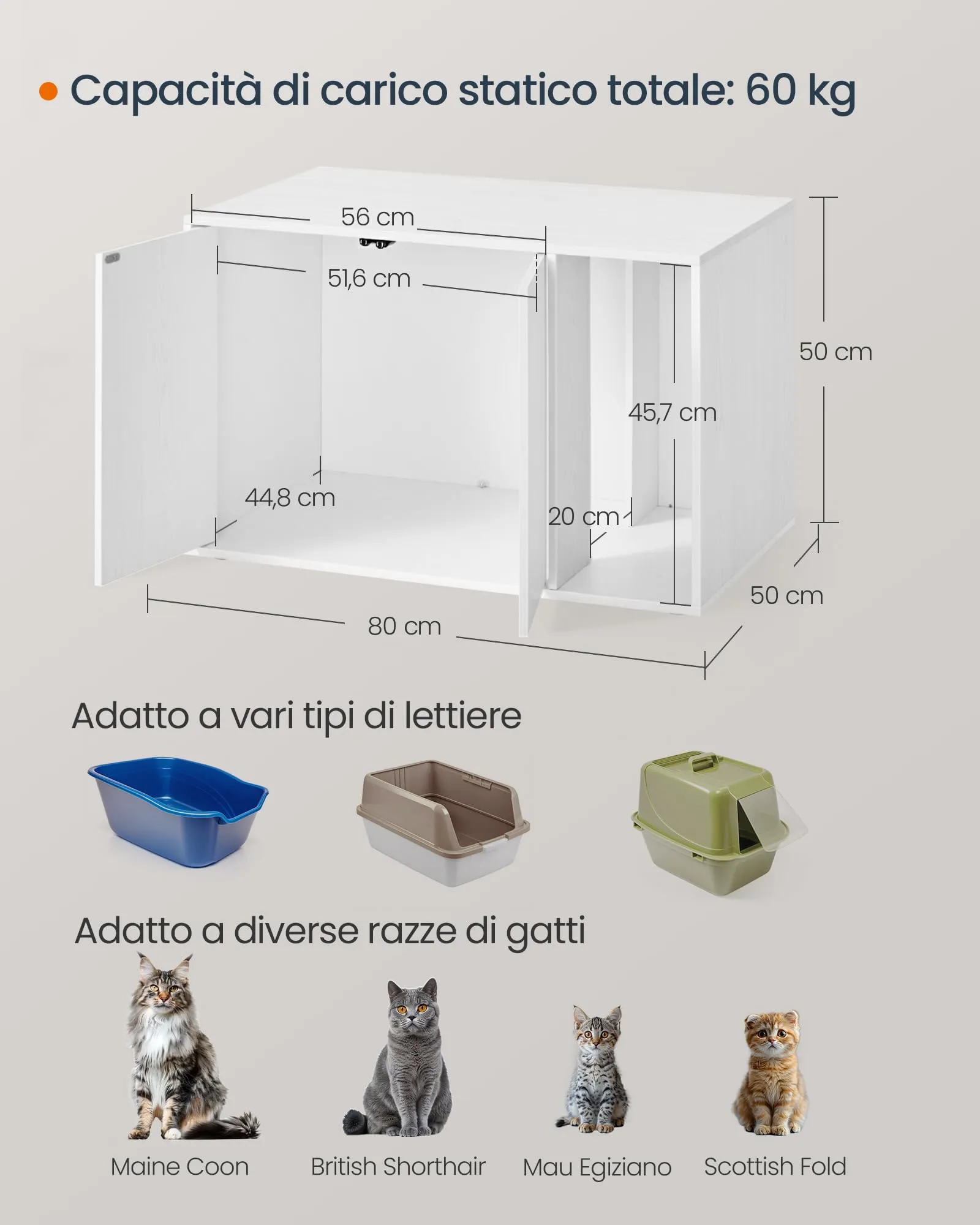 SONGMICS HOME Mobiletto Lettiera per Gatti Snapsemble, Bianco Neve, 80 x 50 x 50 cm - immagine 4