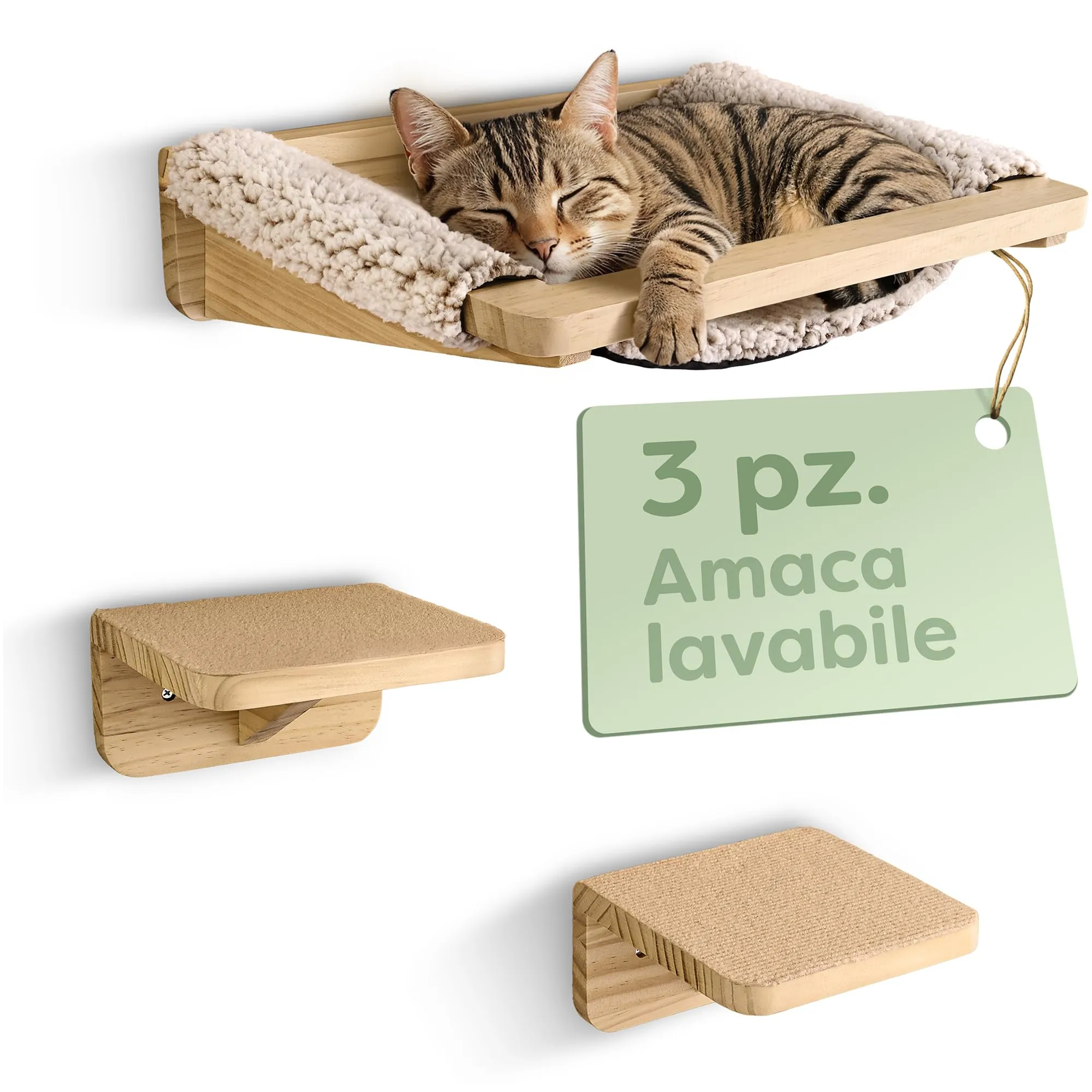 Knupis Mensole da Parete per Gatti con Amaca e 2 Scale – Pino FSC Beige - immagine 1