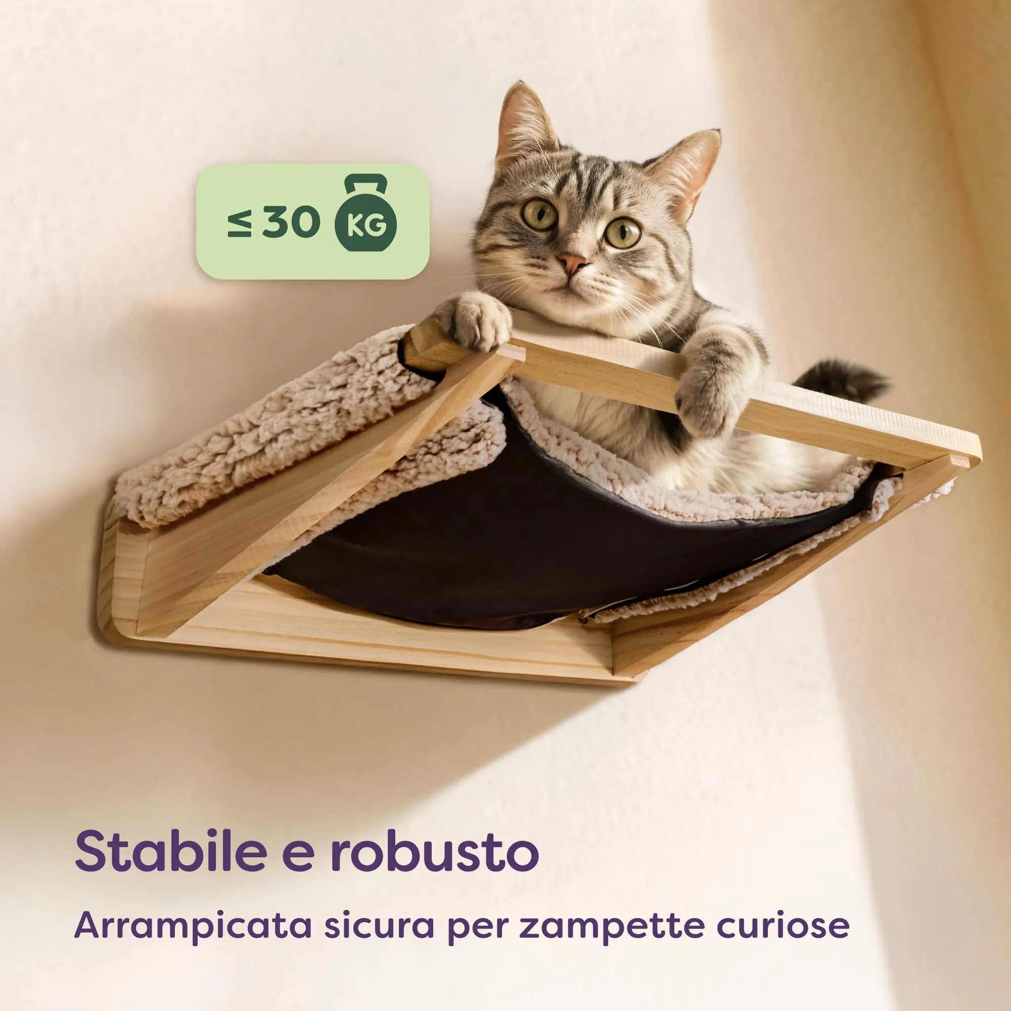 Knupis Mensole da Parete per Gatti con Amaca e 2 Scale – Pino FSC Beige - immagine 5