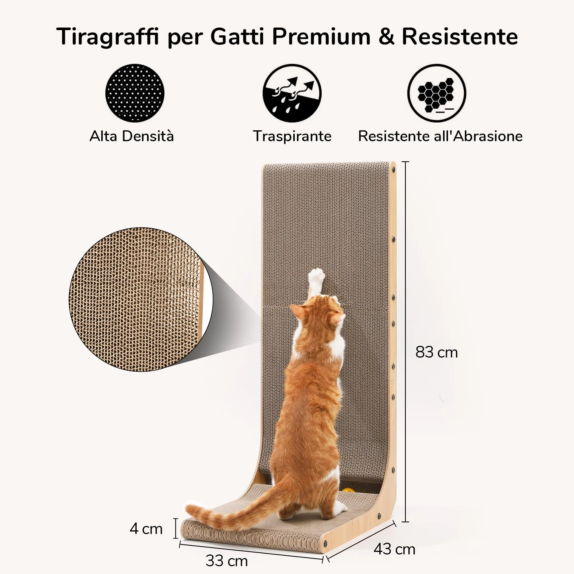 FUKUMARU Tiragraffi per Gatti a Forma di L in Cartone, 83 cm, con Palla Giocattolo - immagine 3