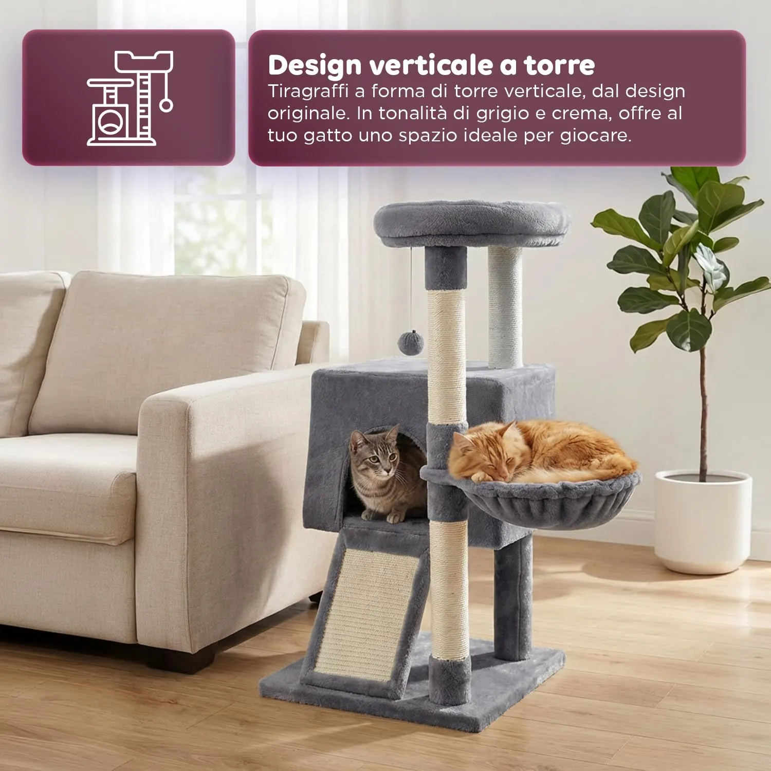 Avilia Albero Tiragraffi per Gatti 87 cm in Sisal con Amaca e Cuccia, Grigio - immagine 2
