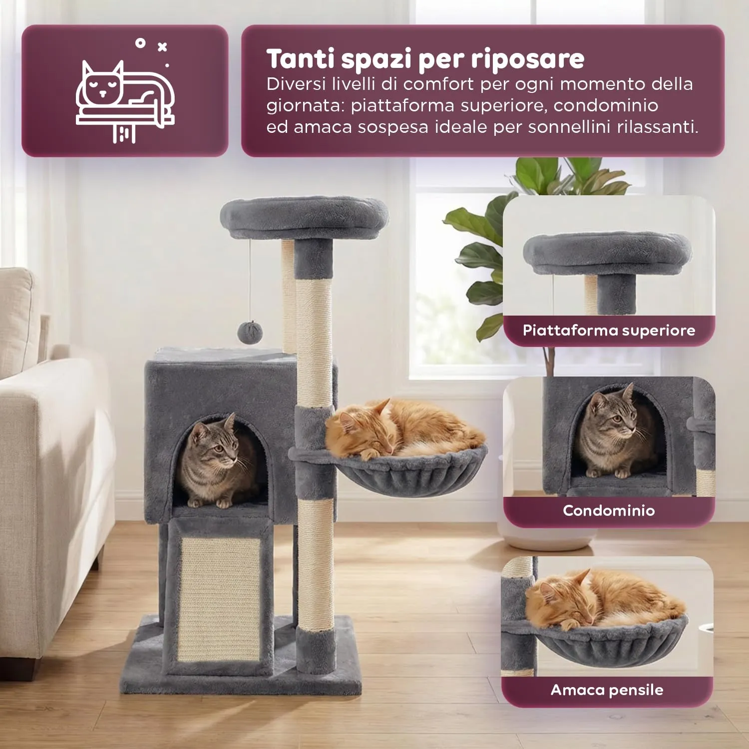 Avilia Albero Tiragraffi per Gatti 87 cm in Sisal con Amaca e Cuccia, Grigio - immagine 3